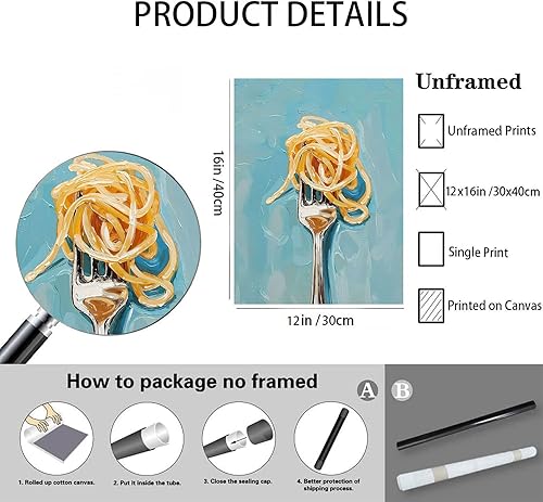 Miniatura 7 de Arte de pared para cocina, arte de pared moderno retro divertido para cocina, arte de pared, impresiones abstractas de pasta y tenedor, decoración