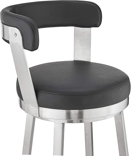 Vista 140 de Armen Living Prinz Taburete giratorio de 26 pulgadas de altura de mostrador en piel sintética negra y acabado de acero inoxidable cepillado