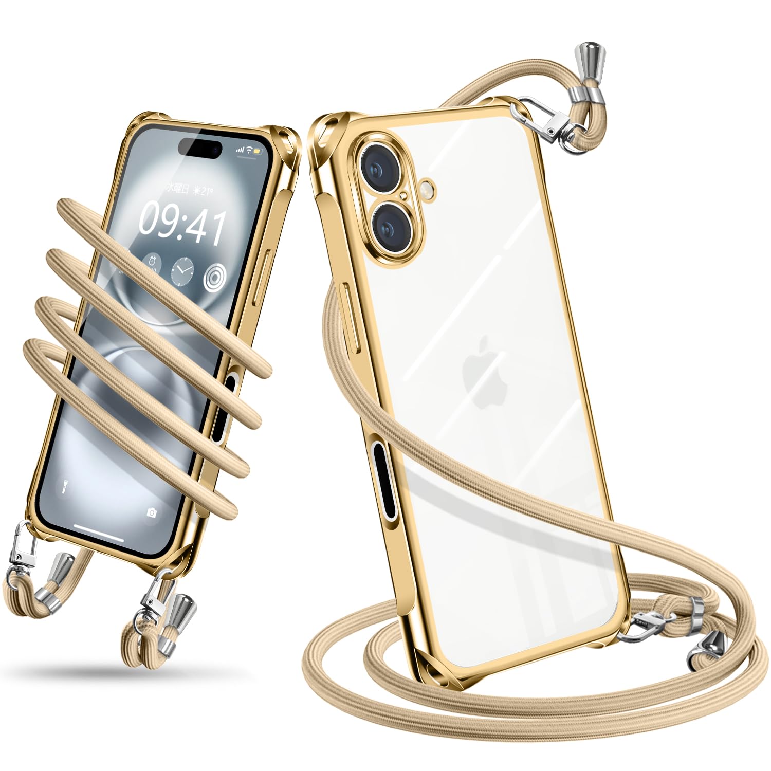 iPhone 16 ケース ショルダー クリア iPhone16 スマホケース アイフォン16 カバー 肩掛け 斜めかけ 縄掛けケース 耐衝撃 透明 TPU 薄型 軽量 携帯ケース 紐付き 斜めがけ 織りストラップ付き ネックストラップ 長さ調整可能 取り外し可能 落下防止 紛失防止 ワイヤレス充電対応 (ゴールド)