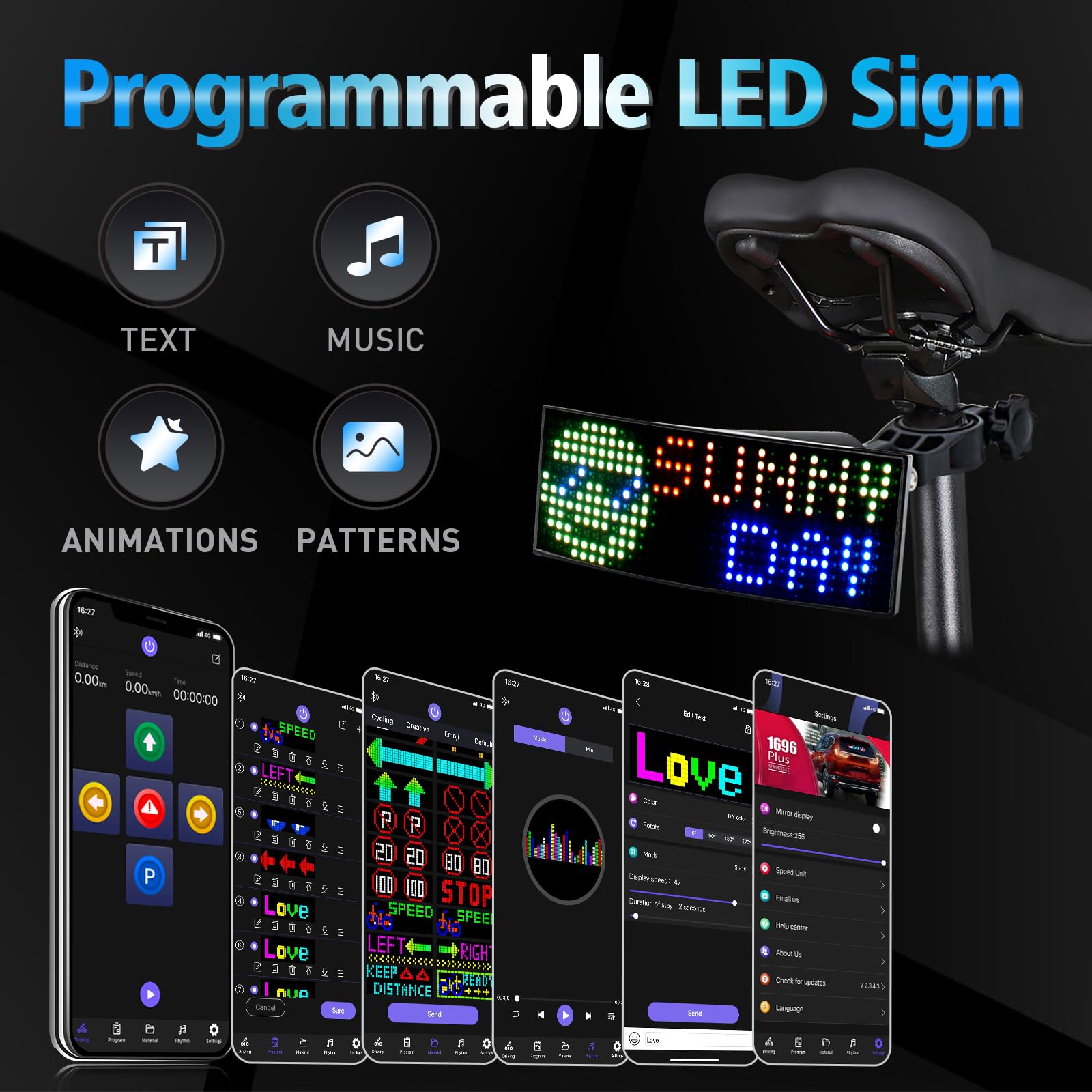 GOTUS Luz trasera LED programable para bicicleta, luz trasera para bicicleta, con velocímetro y aplicación de texto personalizado, patrones, pantalla de animaciones, para adultos y niños