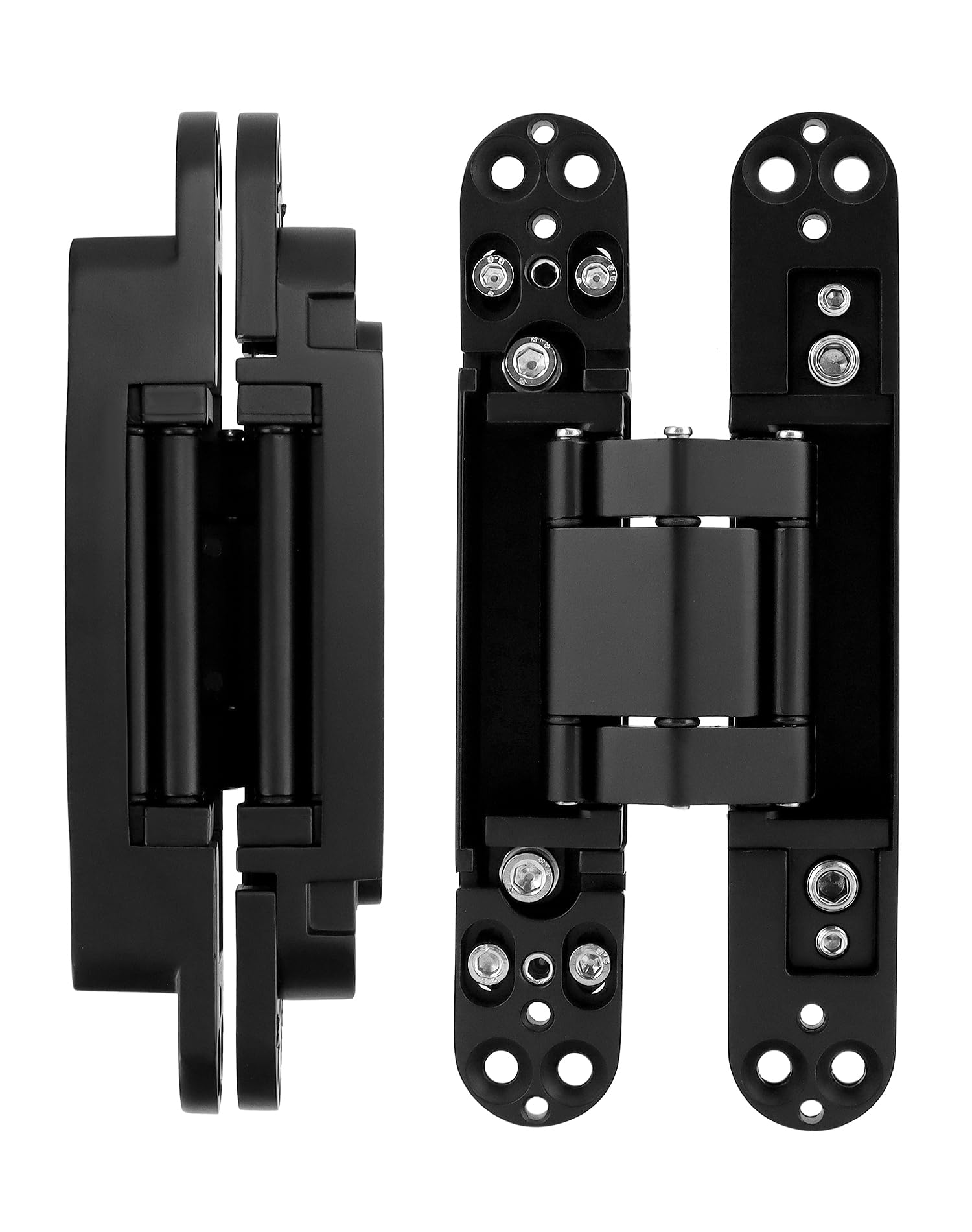 QWORK Bisagras de puerta ocultas ajustables (paquete de 2) en negro elegante, aleación de zinc de 6 pulgadas, ajuste de 3 vías, oscilación de 180 grados, para puertas de hasta 850 mm de ancho y 88