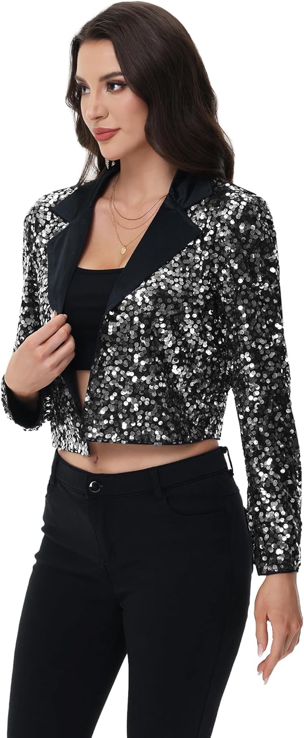 Anna-Kaci Women's Sparkly Crop Sequin Blazer Jacket Long Sleeve Party Club Cardigan Out, Black and Silver, Large - Image 3