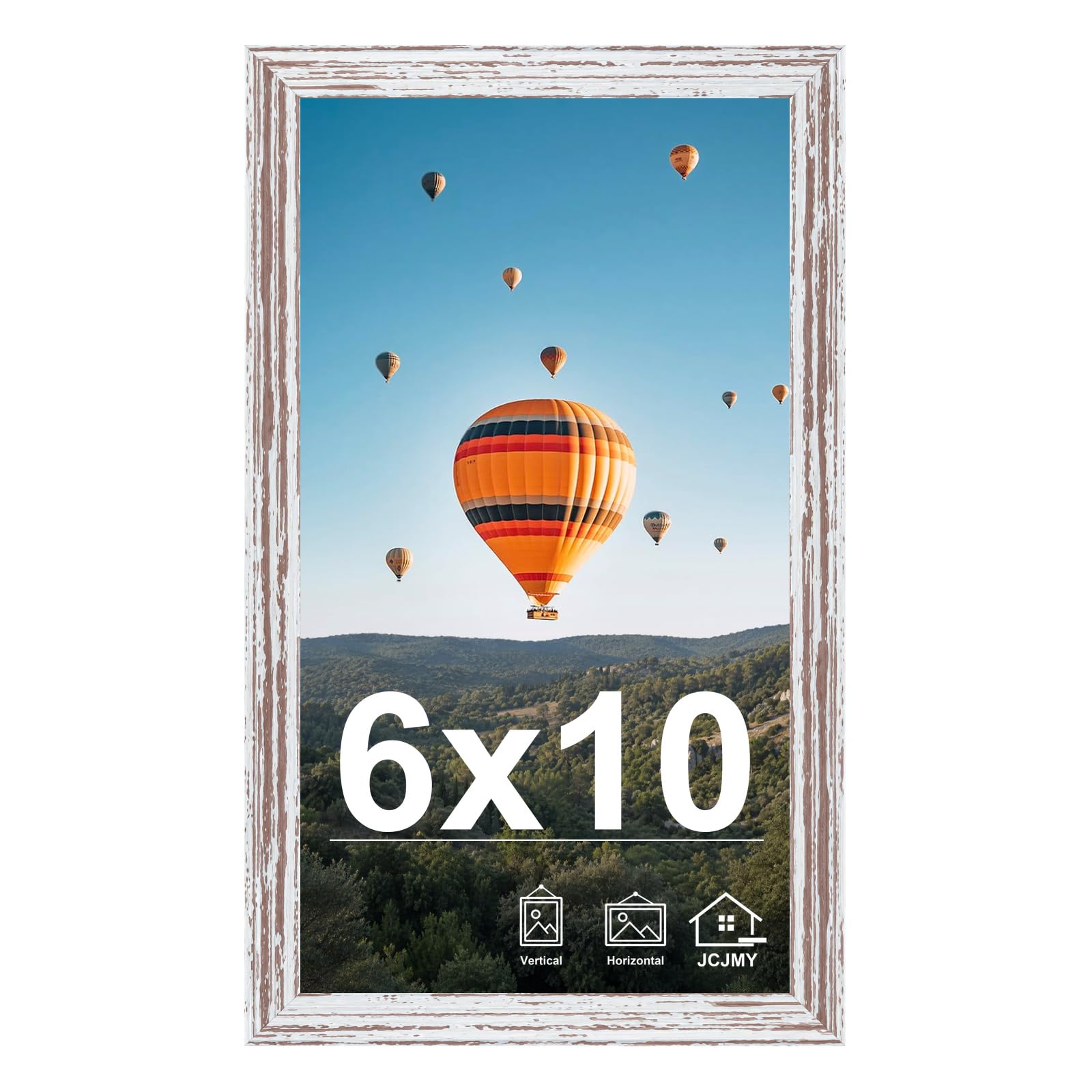 JCJMY 6x10 Picture Frame Rustic White for Wall Hanging or Tabletop, Wall Mounting Horizontally or Vertically, 6 x 10 Wall Gallery Poster Photo Frame with Shatter Resistant Plexiglass, Rustic White