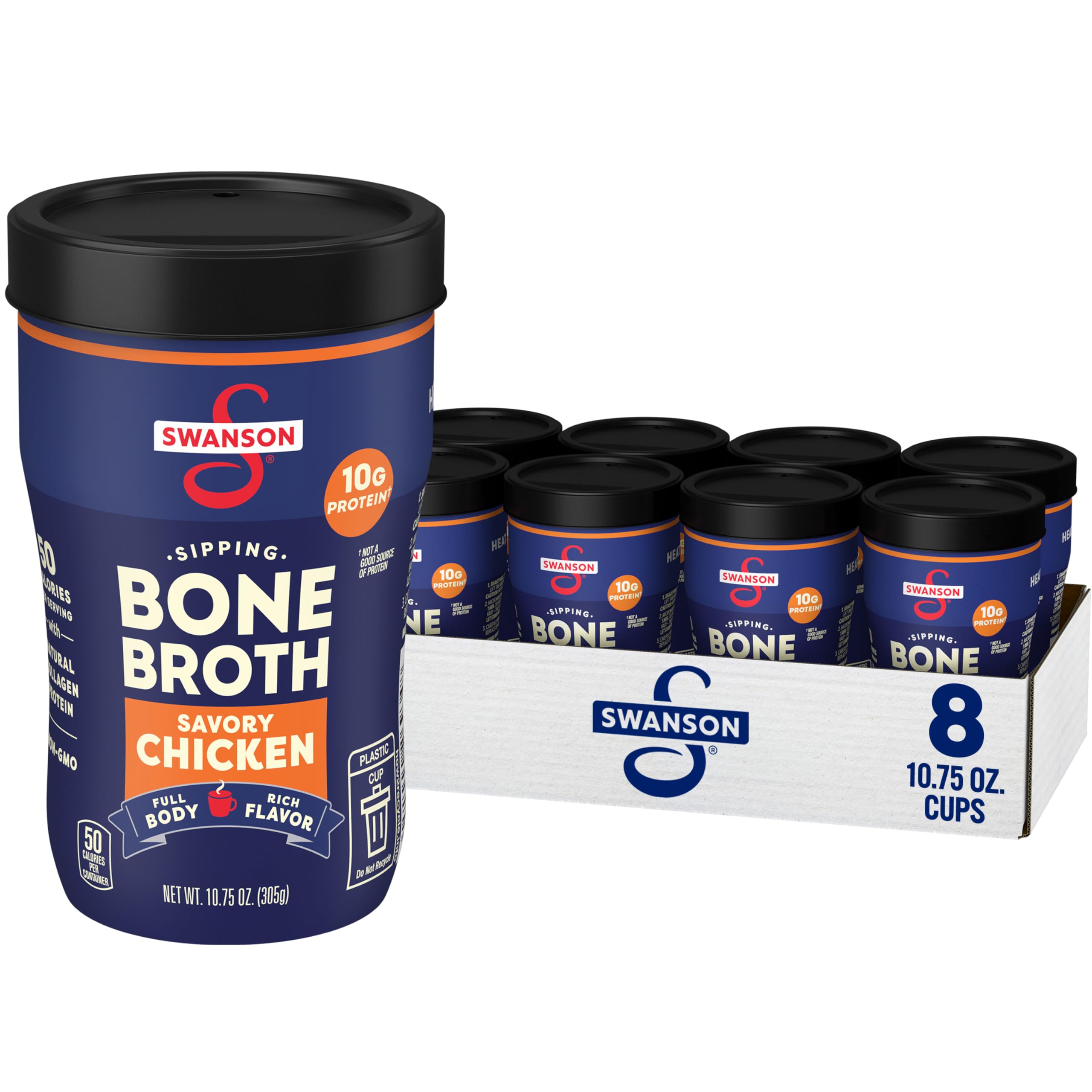 Swanson Sipping Chicken Bone Broth, 10.75 oz Microwavable Cup (Pack of 8) Chicken Bone Broth 10.75 Fl Oz (Pack of 8)