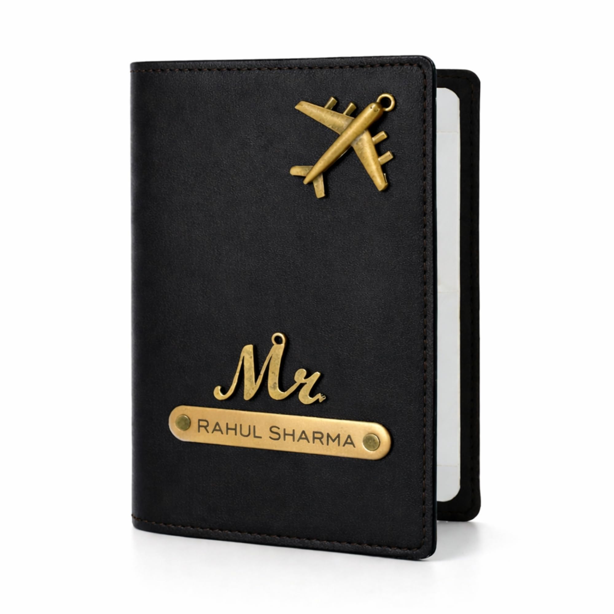 Personalized Passport Cover with Customizable Name Plate and Charm, Vegan Leather Travel Passport Holder with Card Slot (Black)-image-23