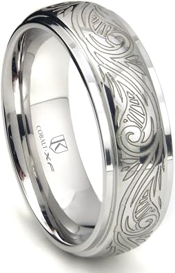 Titanium Kay Cobalt XF Chrome 8MM Laser Engraved Paisley Motif Dome Wedding Band Ring