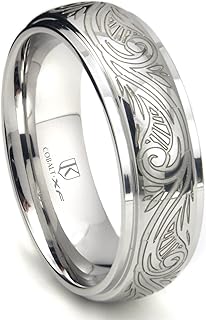 Cobalt XF Chrome 8MM Laser Engraved Paisley Motif Dome Wedding Band Ring