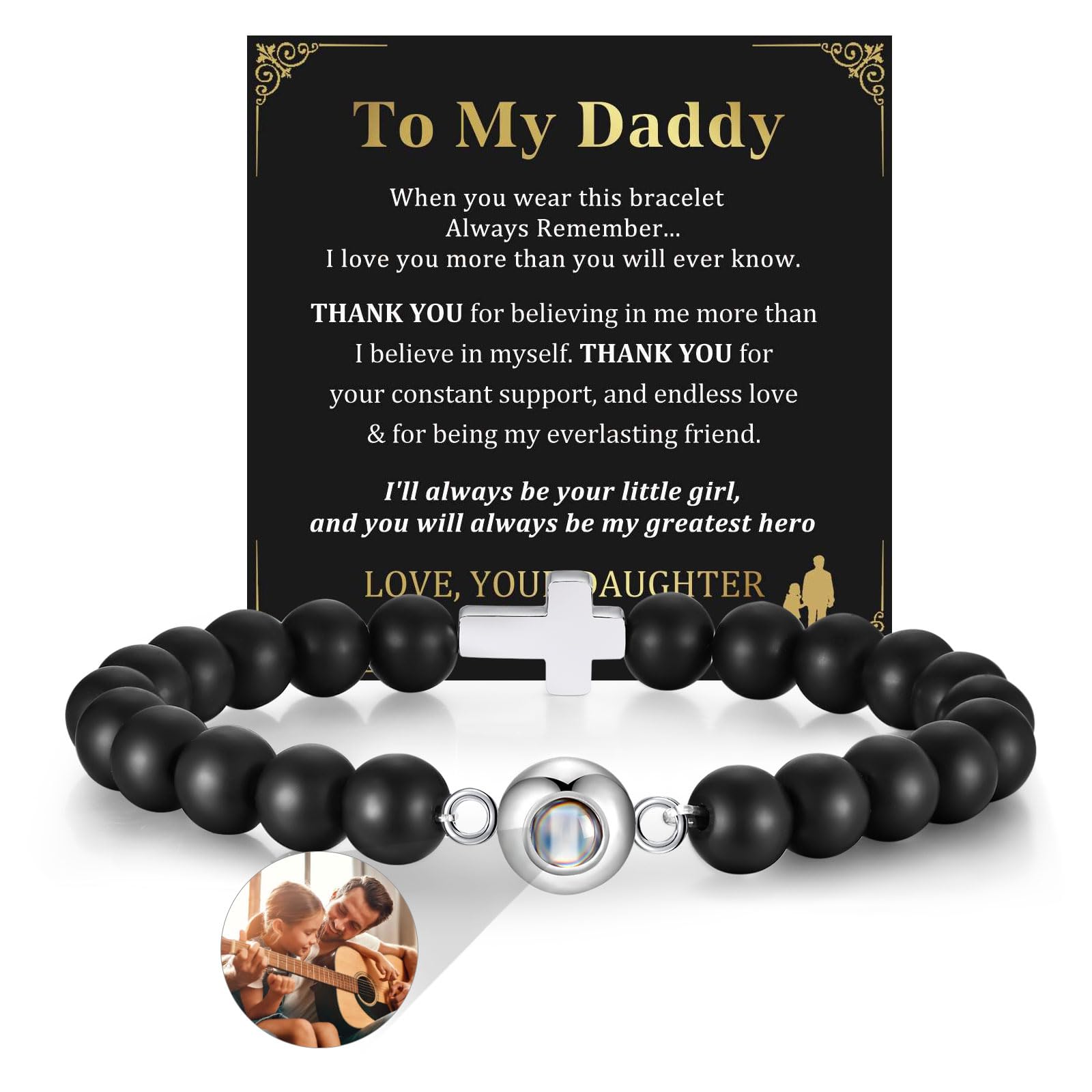Customized Bracelets with Picture Inside for Men, Black Agate Beads Cross Projection Bracelet Personalized Photo Jewelry, Memorial Gifts for Loved One