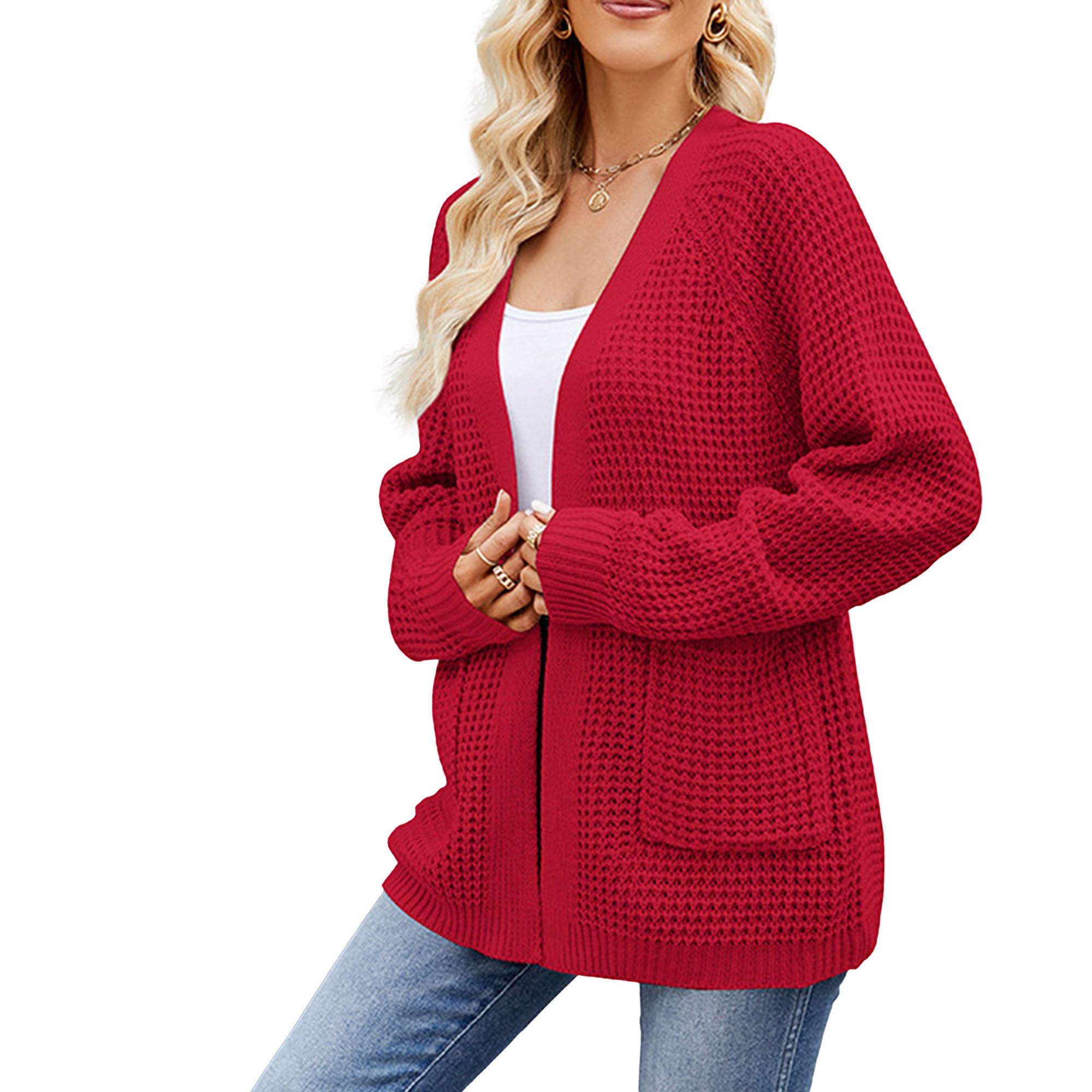 Cardigan Sweater for Women 2024 Fall Open Front Long Sleeve Coat Loose Lightweight Knit Chunky Sweater with Pocket (XX-Large,Red)