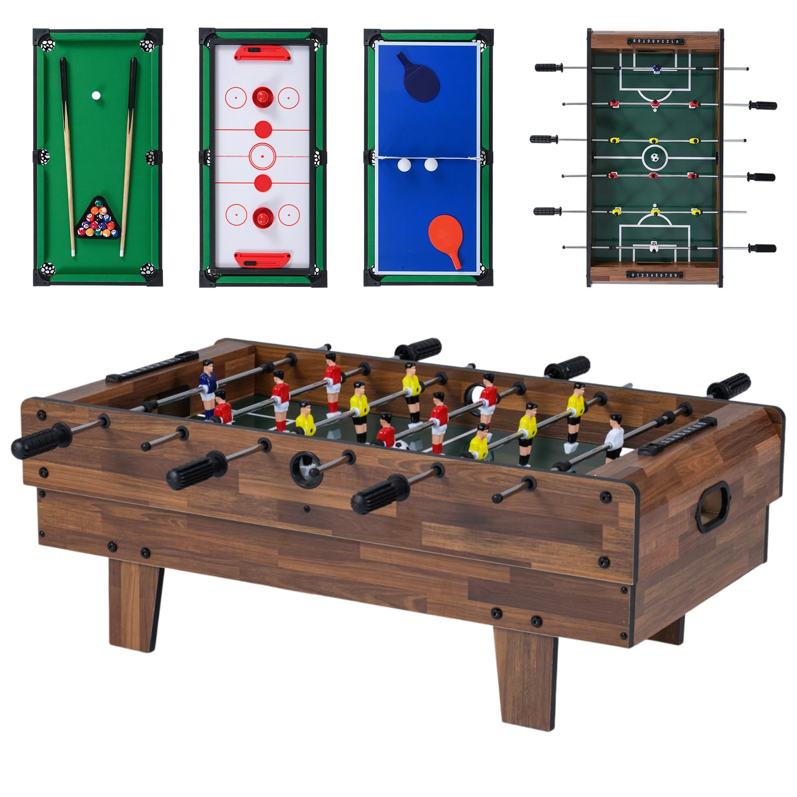 Maxmass 4 in 1 Multi Sports Table, 32 Inch Combo Game Table Set with Football, Air Hockey, Billiard and Table Tennis, Wooden Arcade Play Games for Family Gathering Party Bar (Dark Brown)