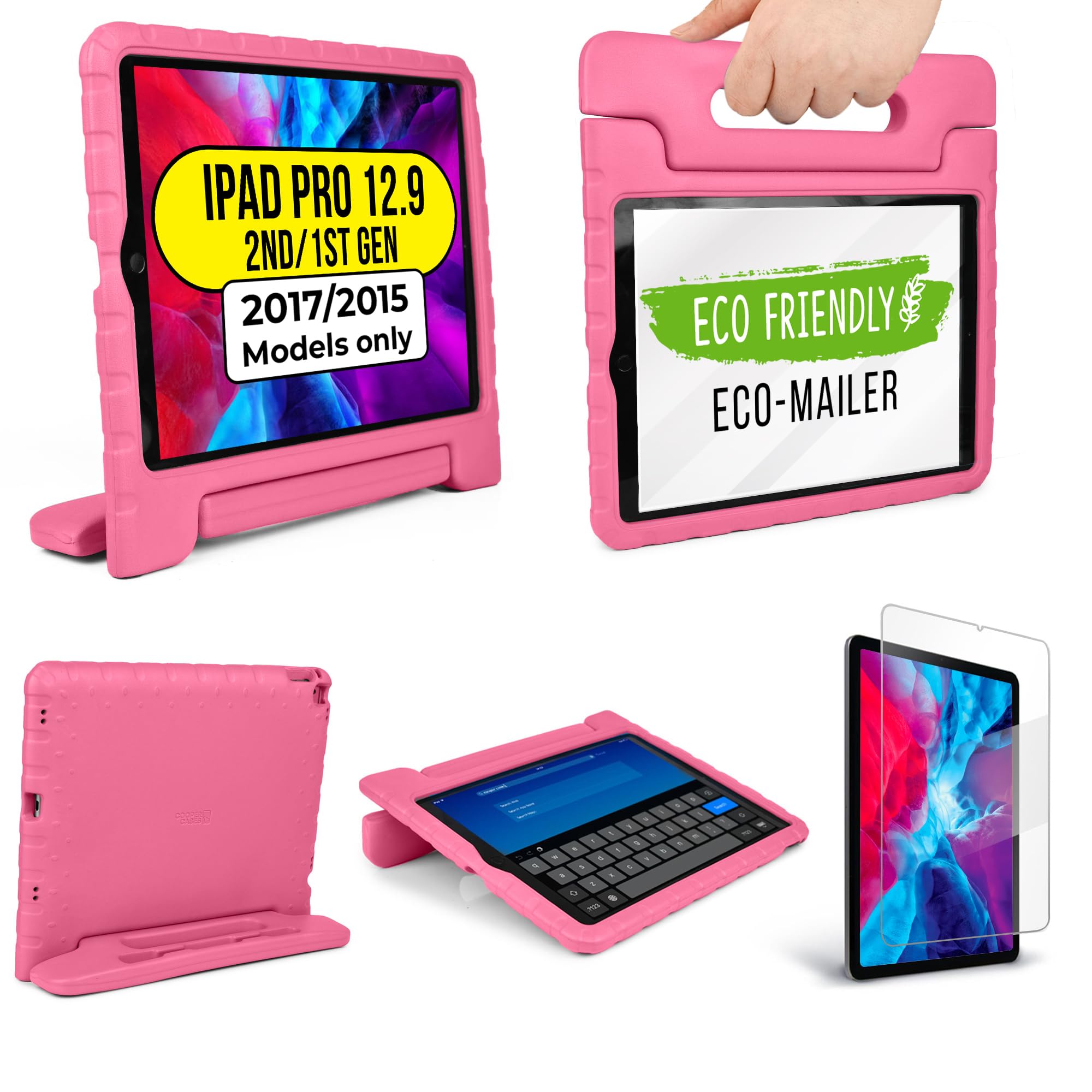 Official Cooper Dynamo Kids iPad Pro 12.9 Case for 1st/2nd Generation (2015/2017) | Unbreakable Protection, Magic Handle, Stand & Pencil Holder (NOT for 2018-2022 3rd-6th Gen) (Bubble Gum Pink)