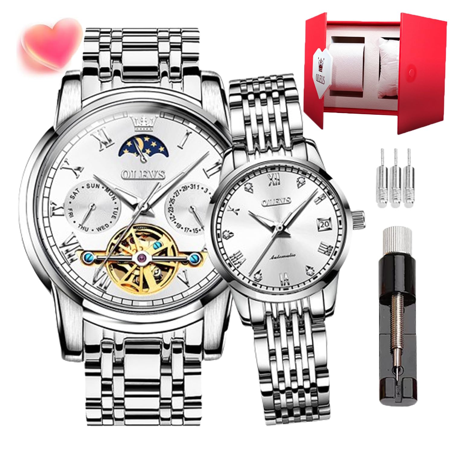 OLEVS Juego de Relojes para Parejas con Cuerda automática mecánica automática para Hombres y Mujeres, Luminoso, Impermeable, de Acero Inoxidable