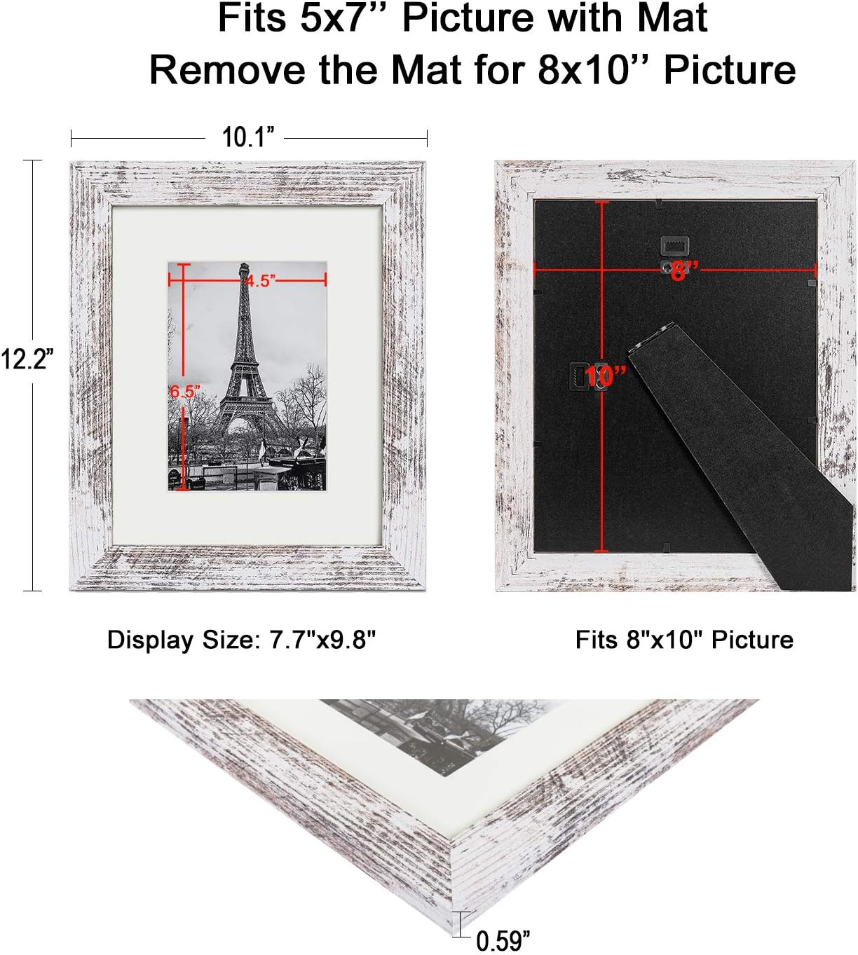 upsimples 8x10 Picture Frame Distressed White with Real Glass, Display Pictures 5x7 with Mat or 8x10 Without Mat, Multi Photo Frames Collage for Wall or Tabletop Display, Set of 6 -