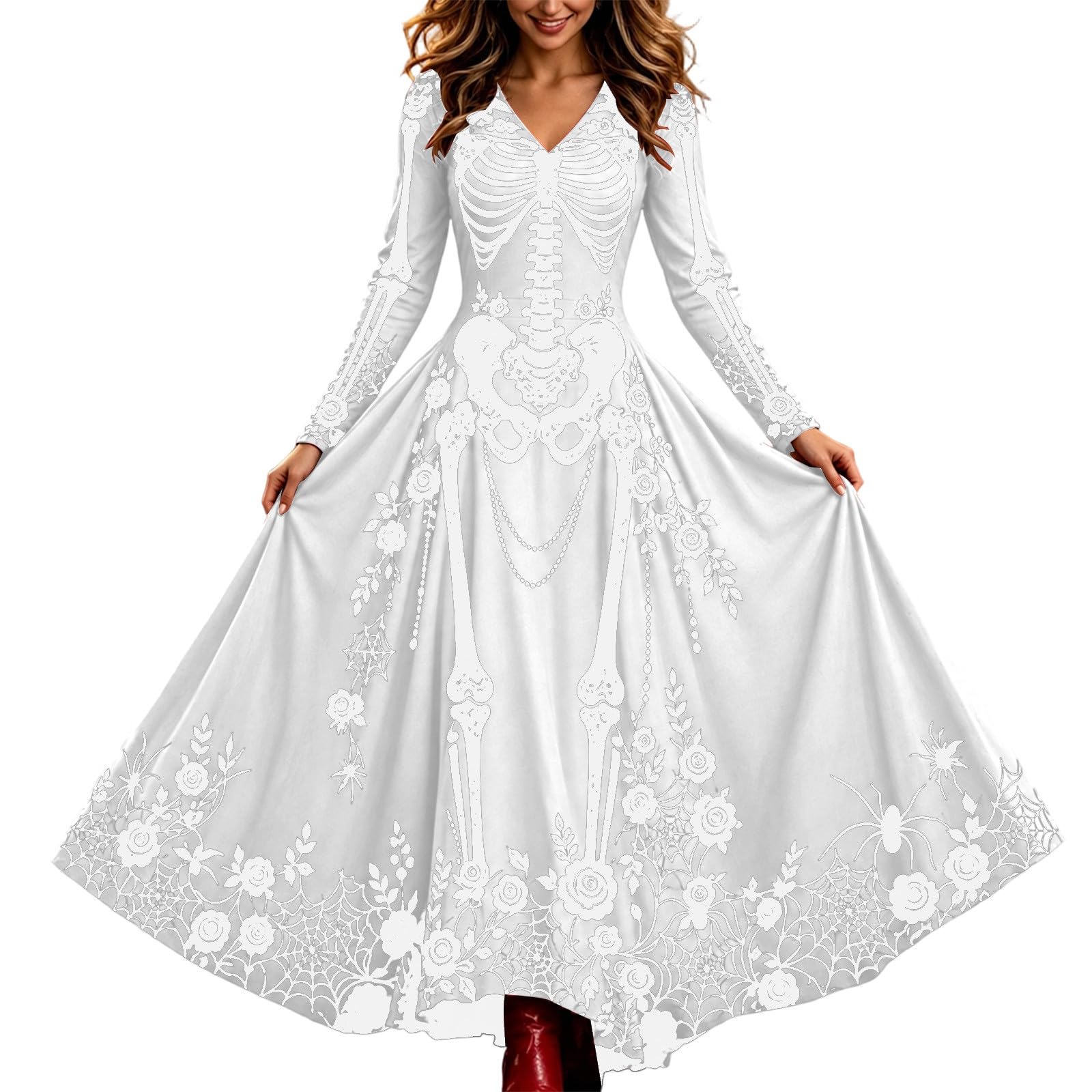 Skeleton Halloween Dress for Women, Gothic V Neck Long Sleeve Maxi Dress with Spooky Print, Flowy Plus Size Costume Dress for Halloween Cosplay Party, Skeleton Dress