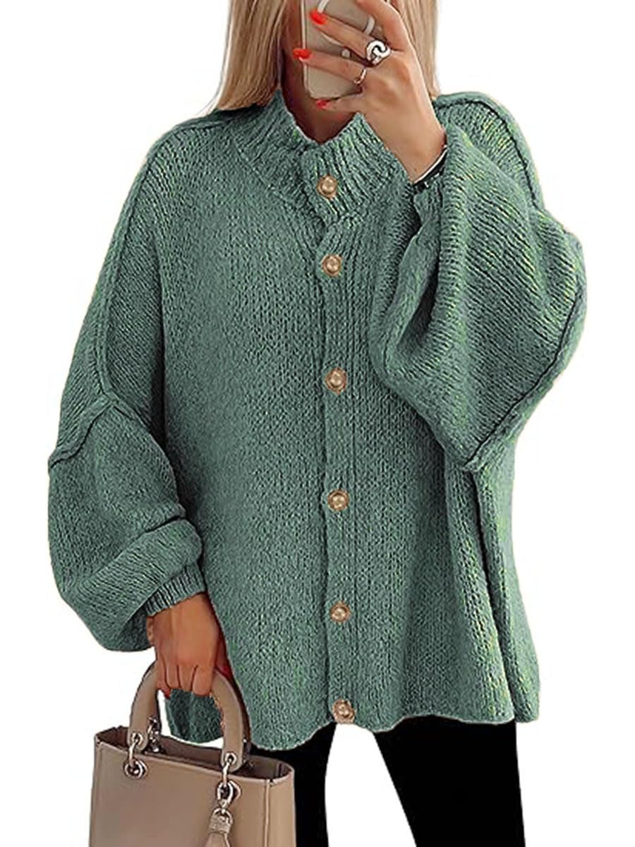 Lantern Sleeve Cardigan Sweater Women Mock Neck Drop Shoulder Button Down Knit Pullover Jacket Oversized Sweater Coat