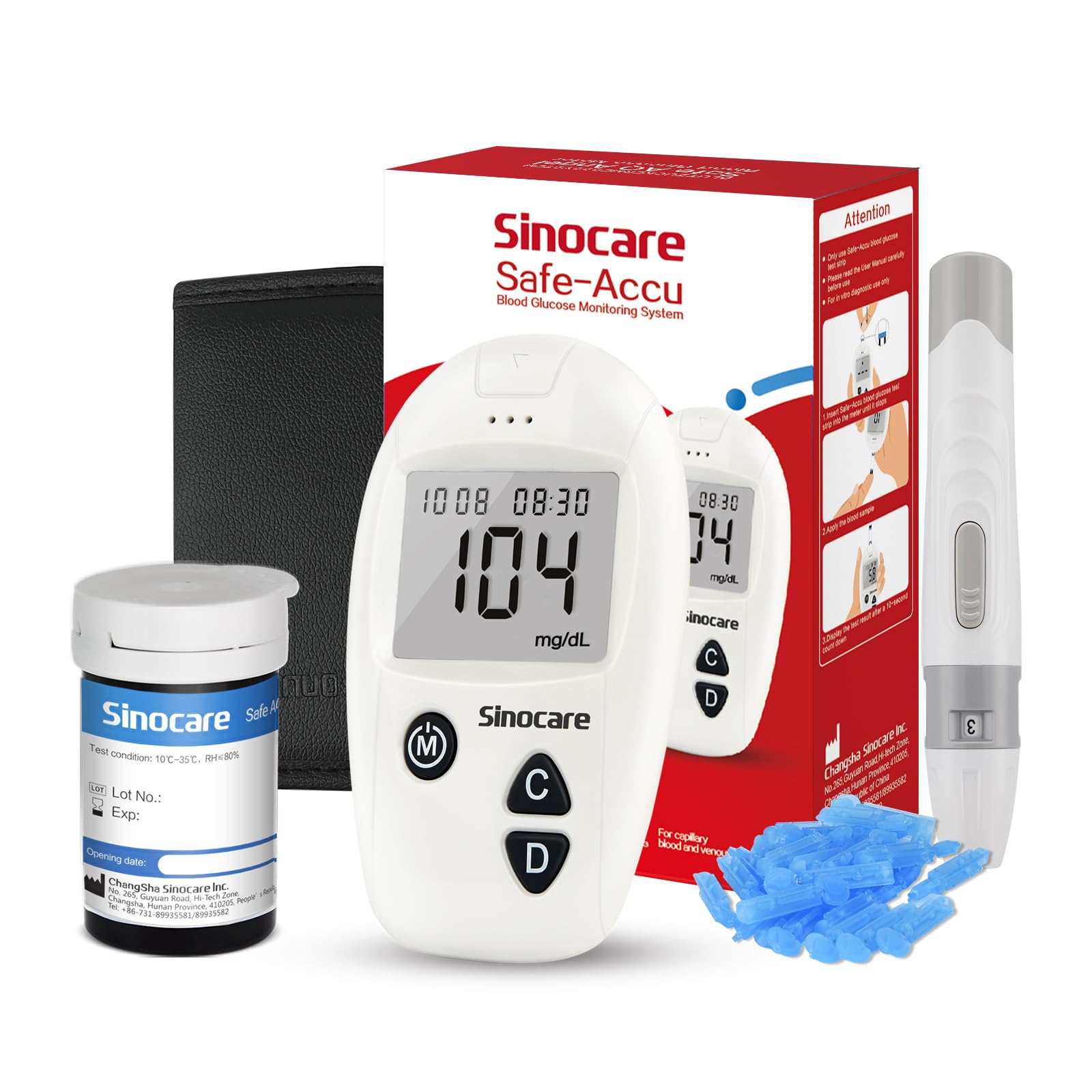 sinocare Blood Glucose Meter, Blood Glucose Test Kit, 25 x Blood Glucose Test Strips and Puncture Device – mg/dL (Safe Accu) ClimatePartner certified