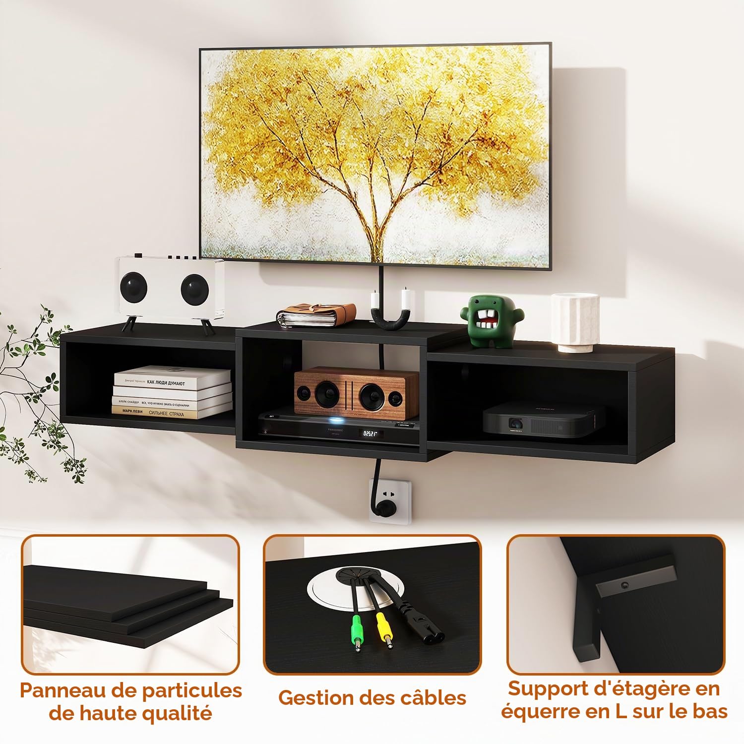 IBUYKE WST013B Support TV flottant à fixation murale, meuble TV en bois, étagère flottante pour rangement sous TV pour salon, chambre à coucher, bureau, noir