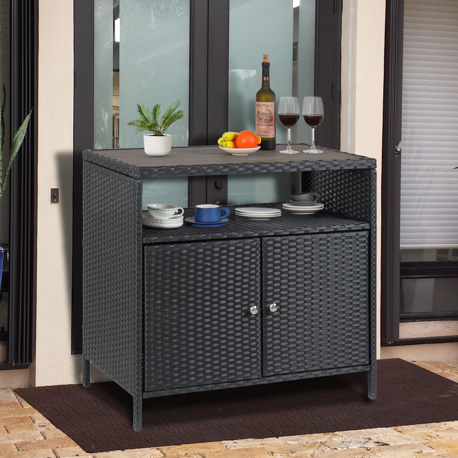 GarveeLife Outdoor Schrank aus PE Rattan mit Ablagefläche, wasserabweisender Aufbewahrungsschrank für Terrasse Balkon, Schwarz