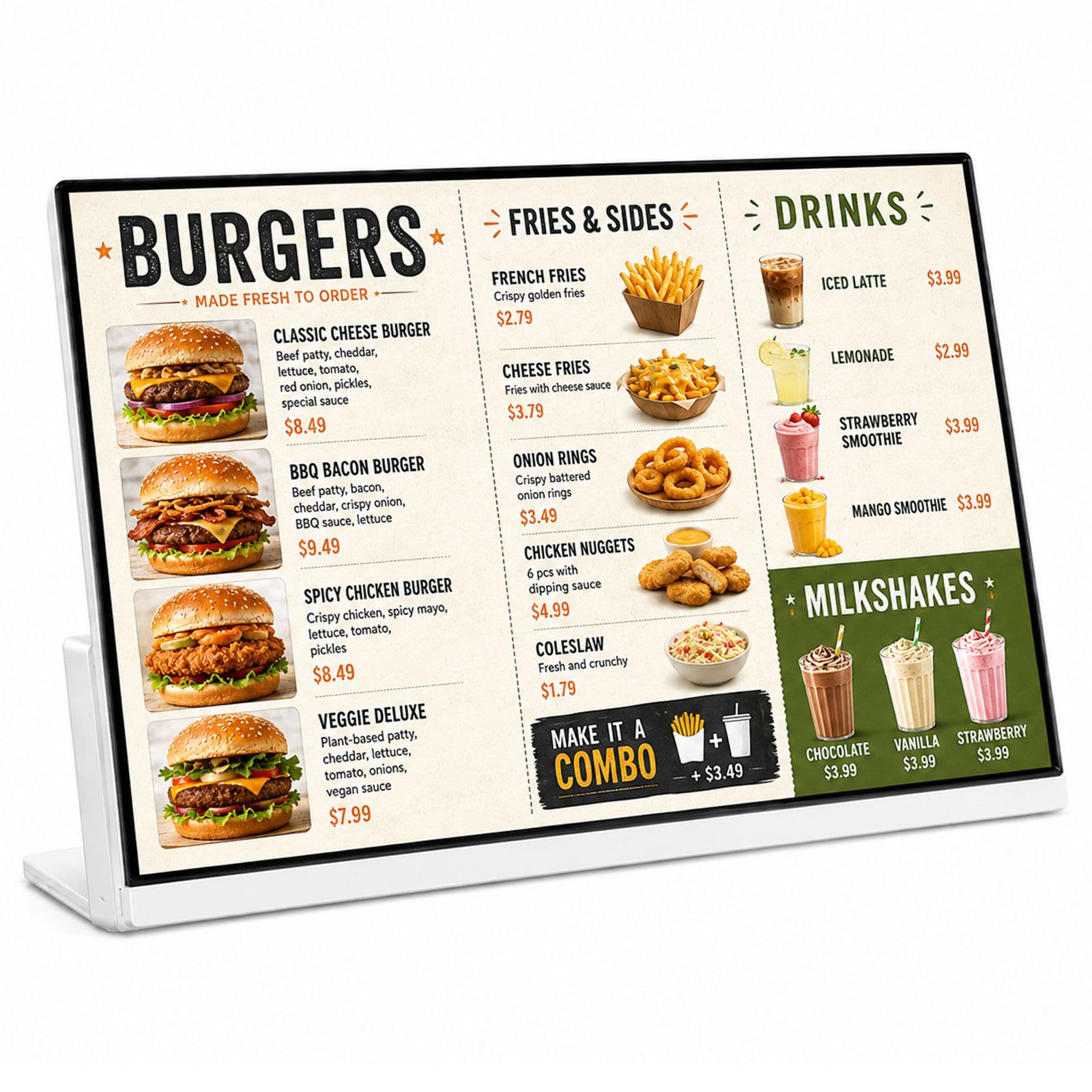 Paneles de menú Digital para Food Trucks Cristal Templado | Pantalla multizona dividida conexión Plug & Play para restaurantes y comercios minoristas