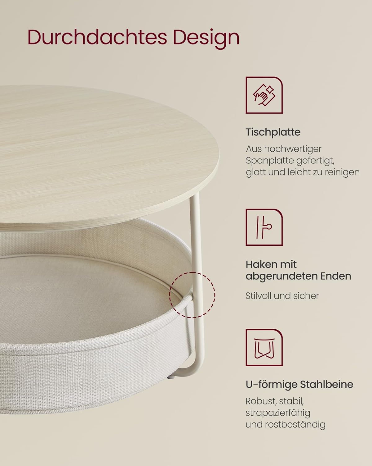 VASAGLE Round Coffee Table with Fabric Storage Basket