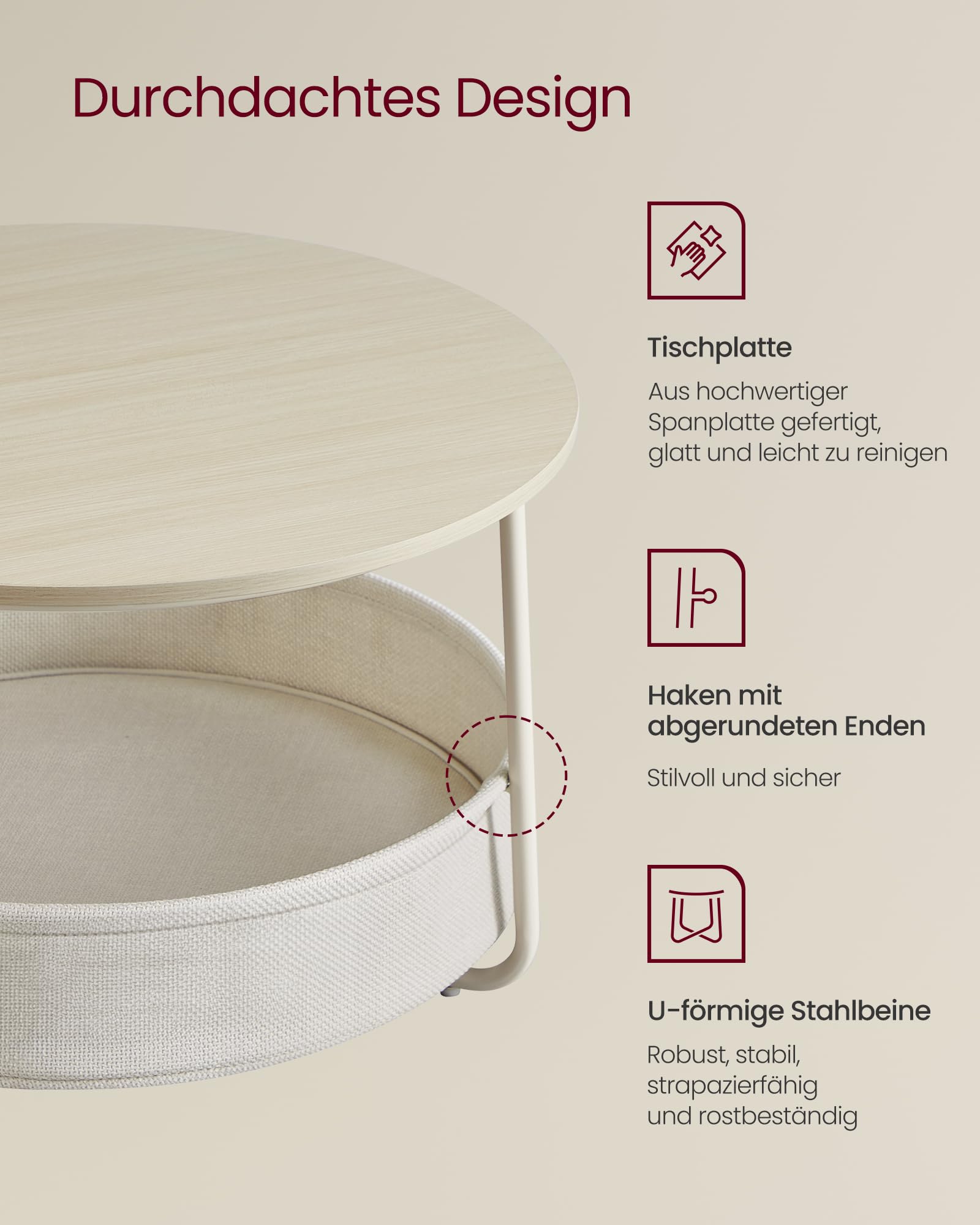 VASAGLE LILEA Kollektion - Couchtisch rund, Tisch mit Stauraum, Beistelltisch, Wohnzimmertisch mit Korb aus Stoff, modern, Metallrahmen, naturbeige-cremeweiß LCT244K01
