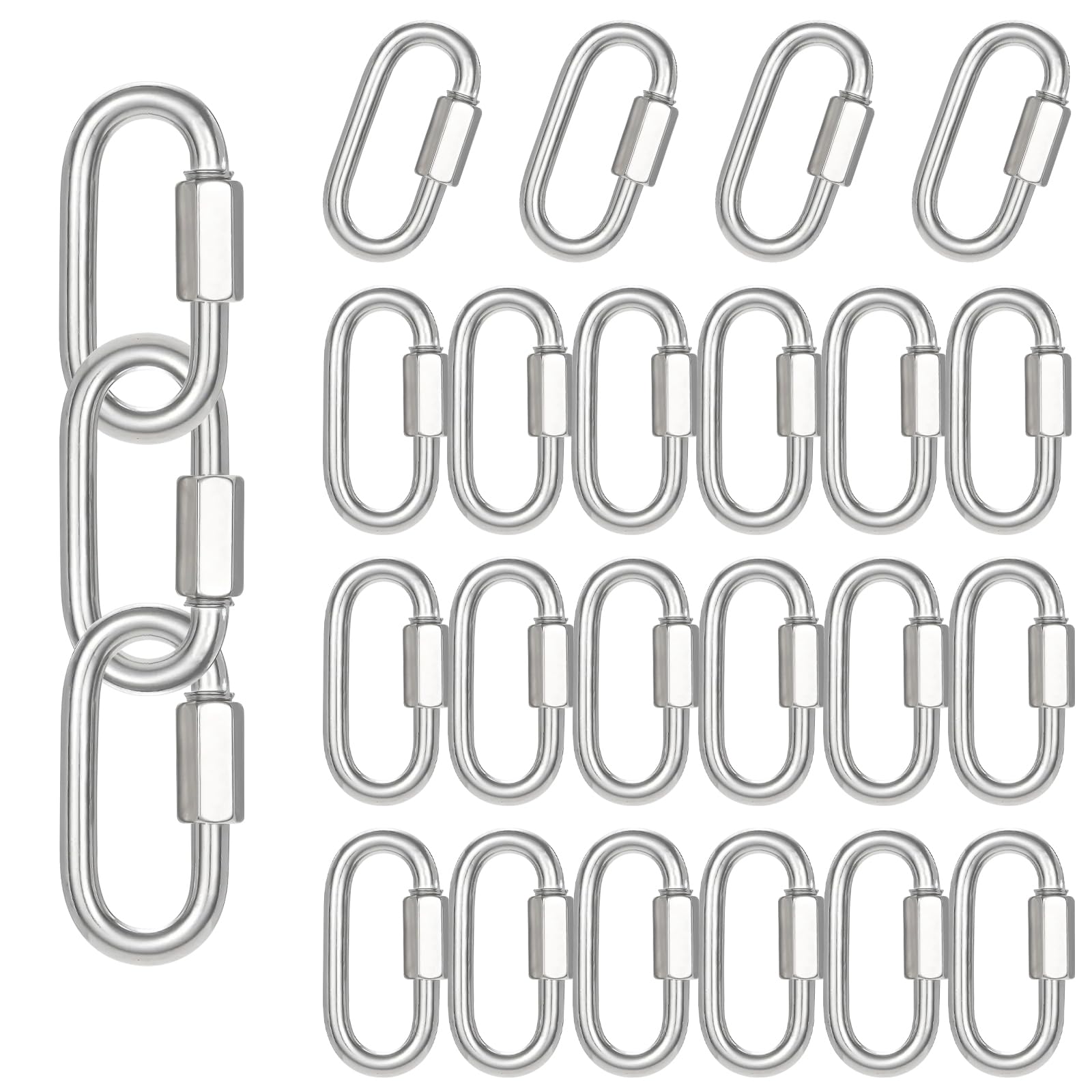 25PCS 2 Inches Chain Link, M5 Screw Chain Quick Links, 3/16" Galvanized Steel Locking Carabiners for Connecting Hammock, Key Chain, Pet Leash,Gym,Camping, 650 Lbs Capacity.