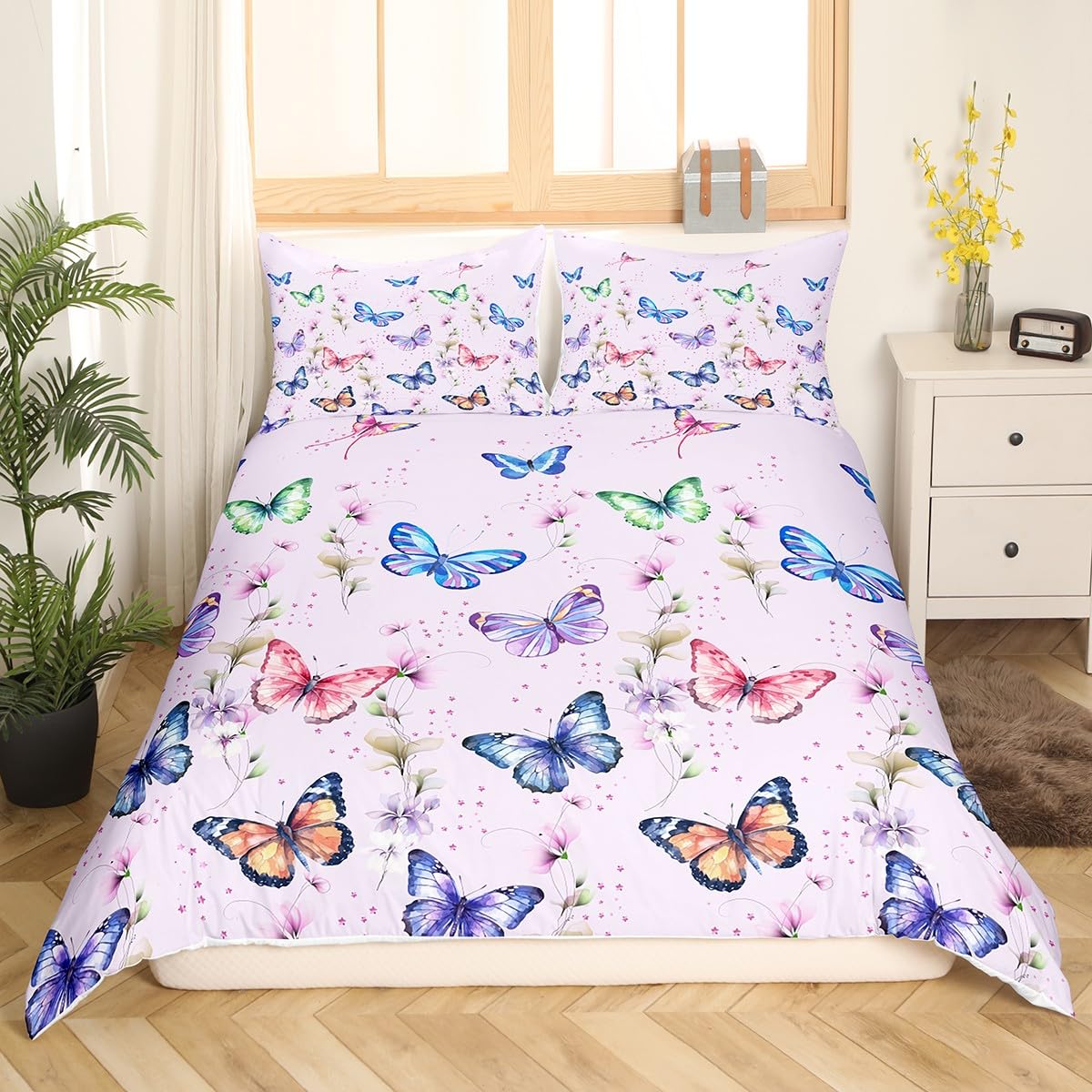 Homemissing Set di biancheria da letto per bambini con farfalle colorate e farfalle volanti, copripiumino per bambini, decorazione con animali, traspirante, collezione di biancheria da letto 2 pezzi,