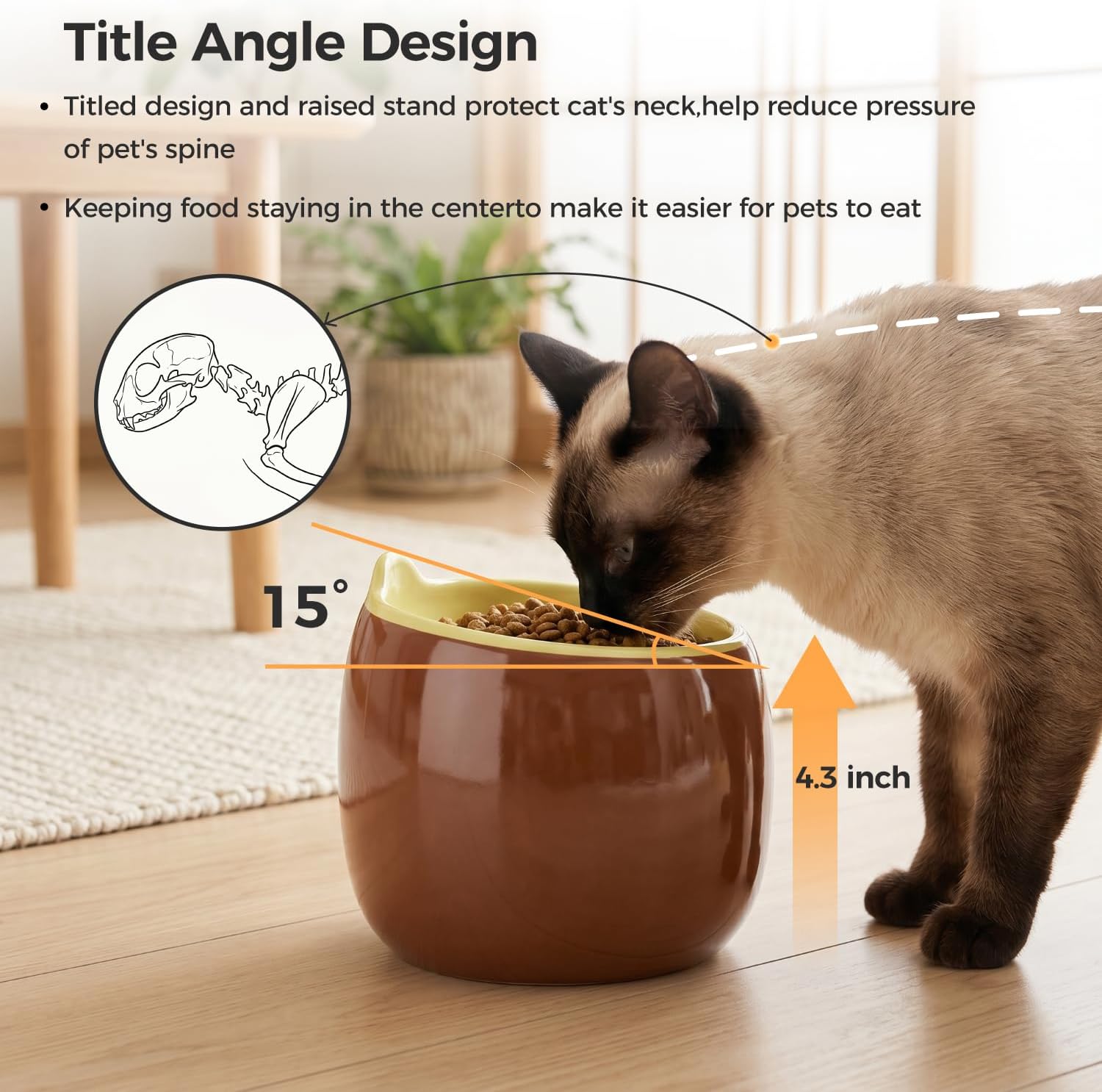 Kiwi Elevated Ceramic Cat Bowls, 15° Tilted Raised Pet Food Bowls, Whisker & Neck Fatigue Relief Pet Dishes for Cats & Dogs