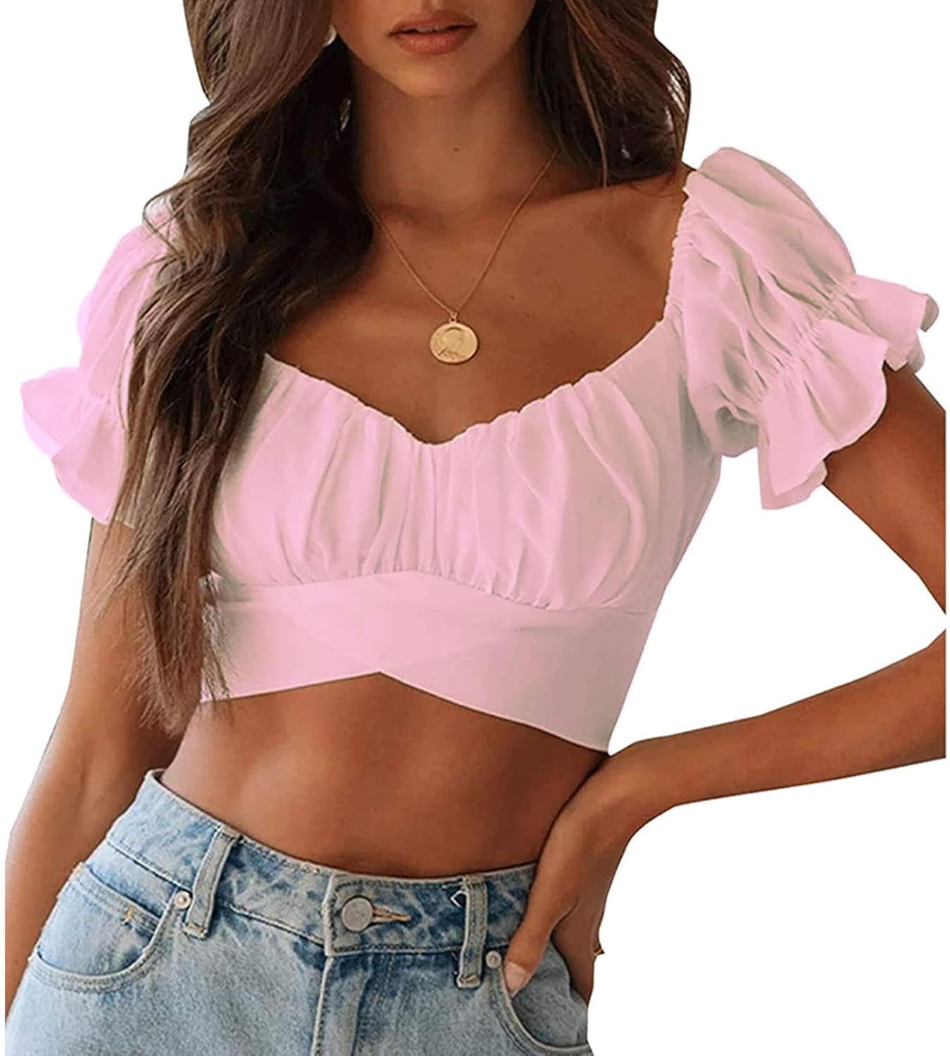 Donne Morbide Traspiranti Sexy Ruffles Crop Top Manica Corta Ruffles Busto  Tie Back Incontri Ufficio Shopping (1) : Amazon.it: Moda