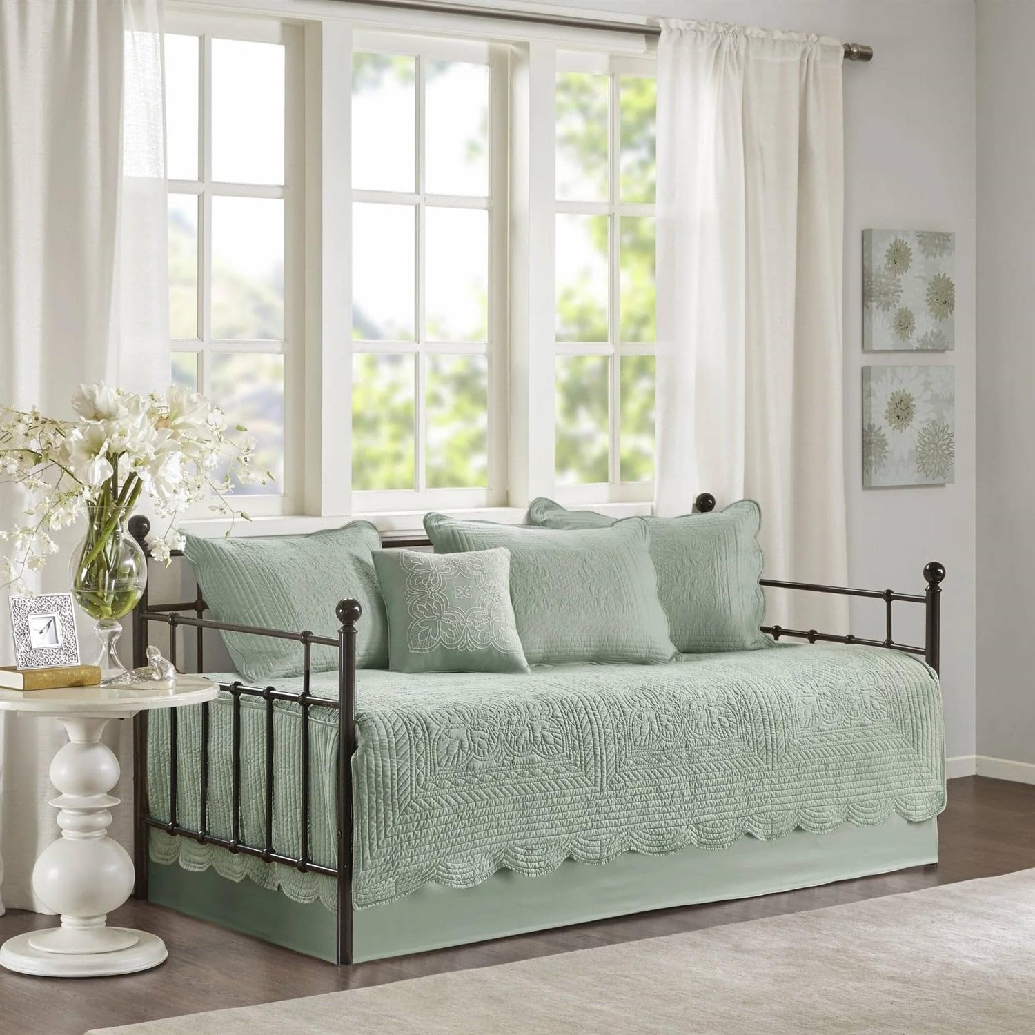 6-Piece Farmhouse Seafoam Green Daybed Cover Bedding Set with Scalloped Edges New