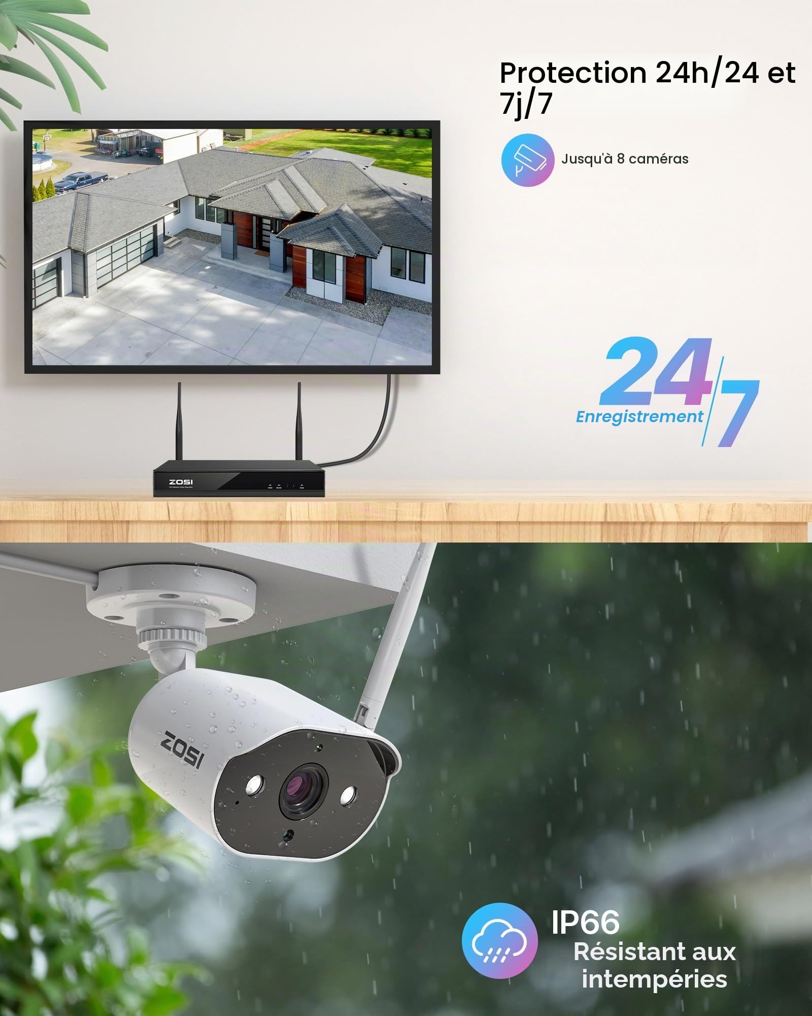 ZOSI 2K Kit Vidéo Surveillance Extérieur WiFi avec 4 Caméras IP WiFi 3MP, Audio Bidirectionnel, Alarme Projecteur, Vision Nocturne en Couleur, Étanche IP66, sans Disque Dur Inclus