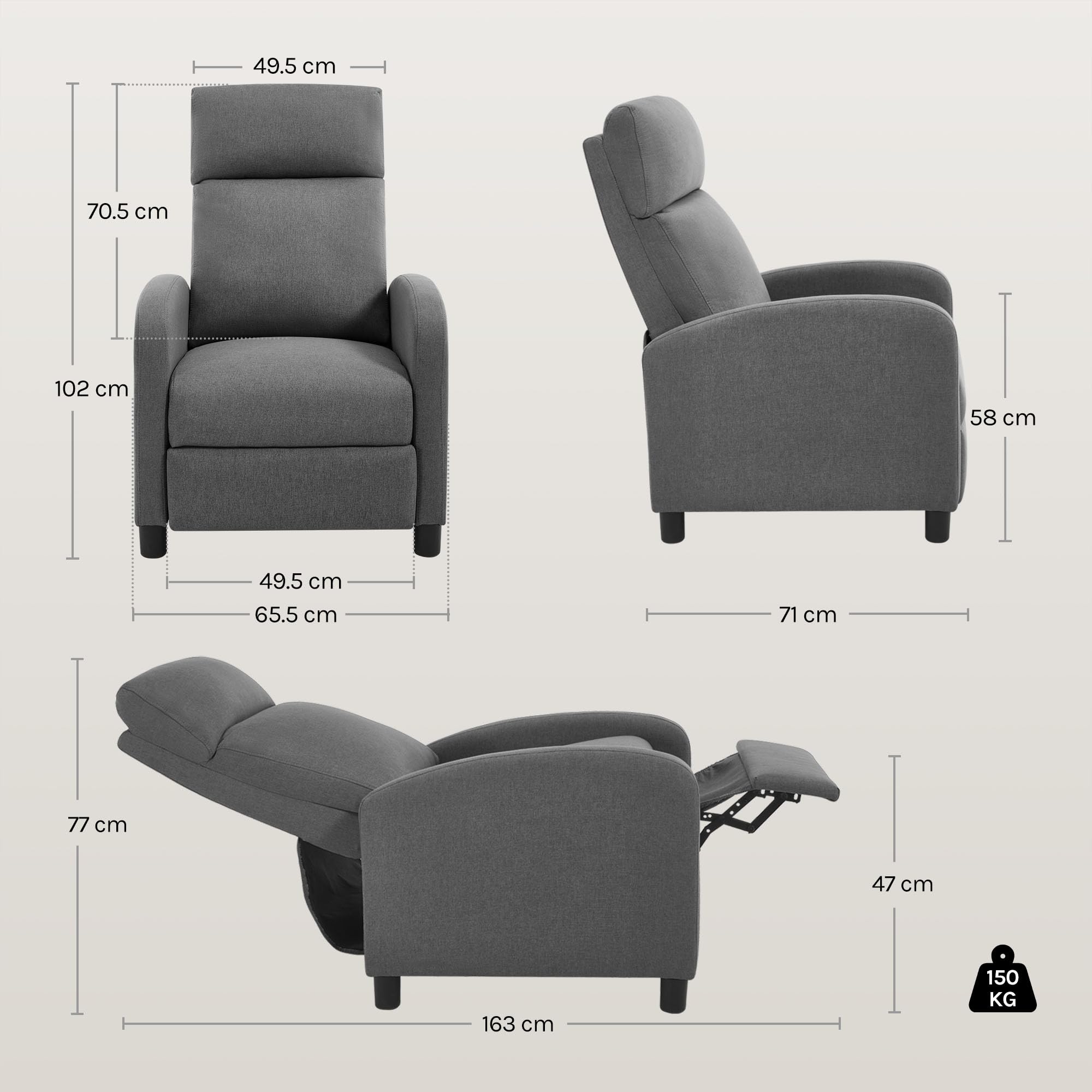 WOLTU Fauteuil Relax, Fauteuil Inclinable, Canapé 1 Place, Dossier et Repose-Pieds Réglables, Appui-tête, Assise Rembourrée, Lin, Gris Foncé, SKS58dgr