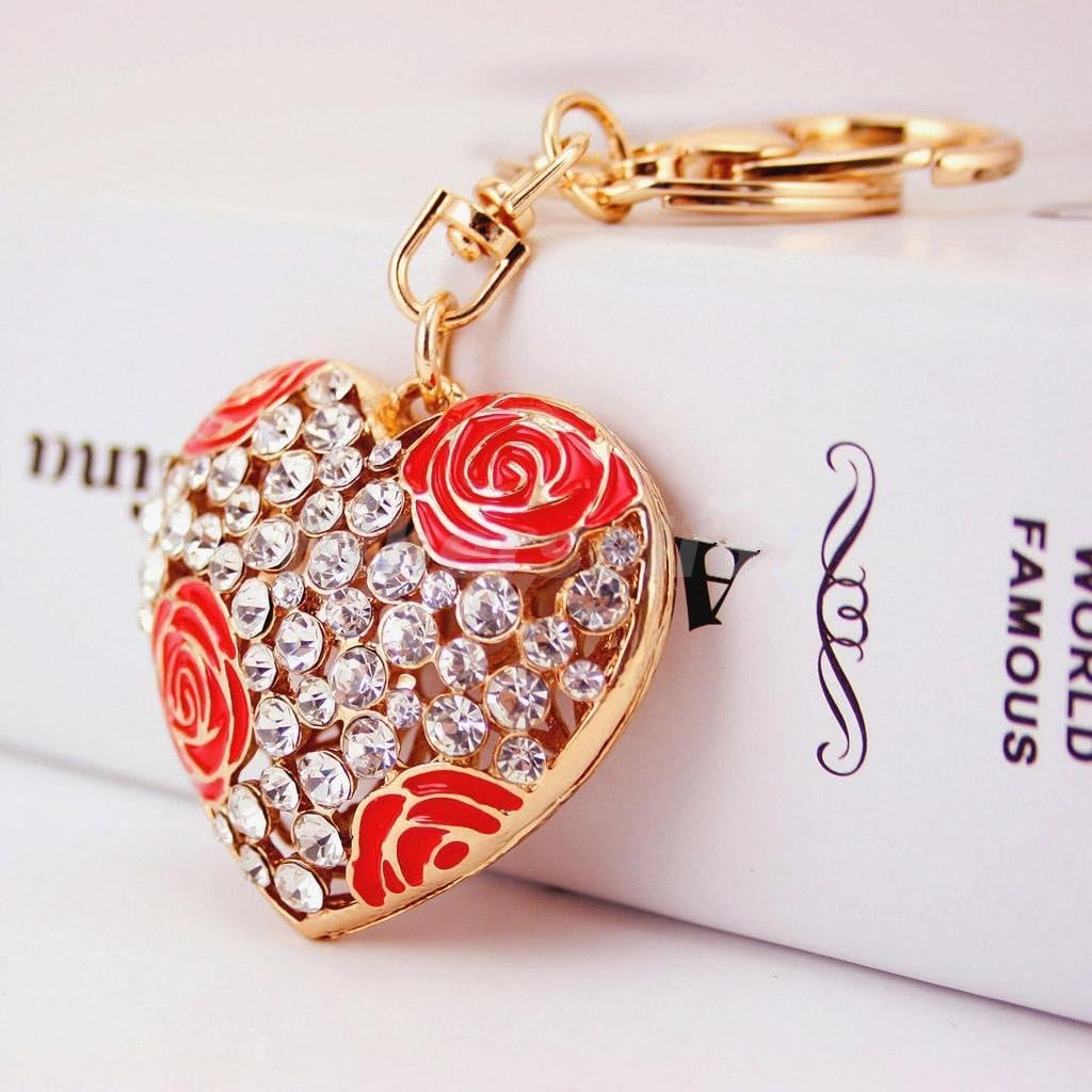 Crystal Heart Keychain with Rose Flower Charm, Red, Decorative Purse Bag Pendant