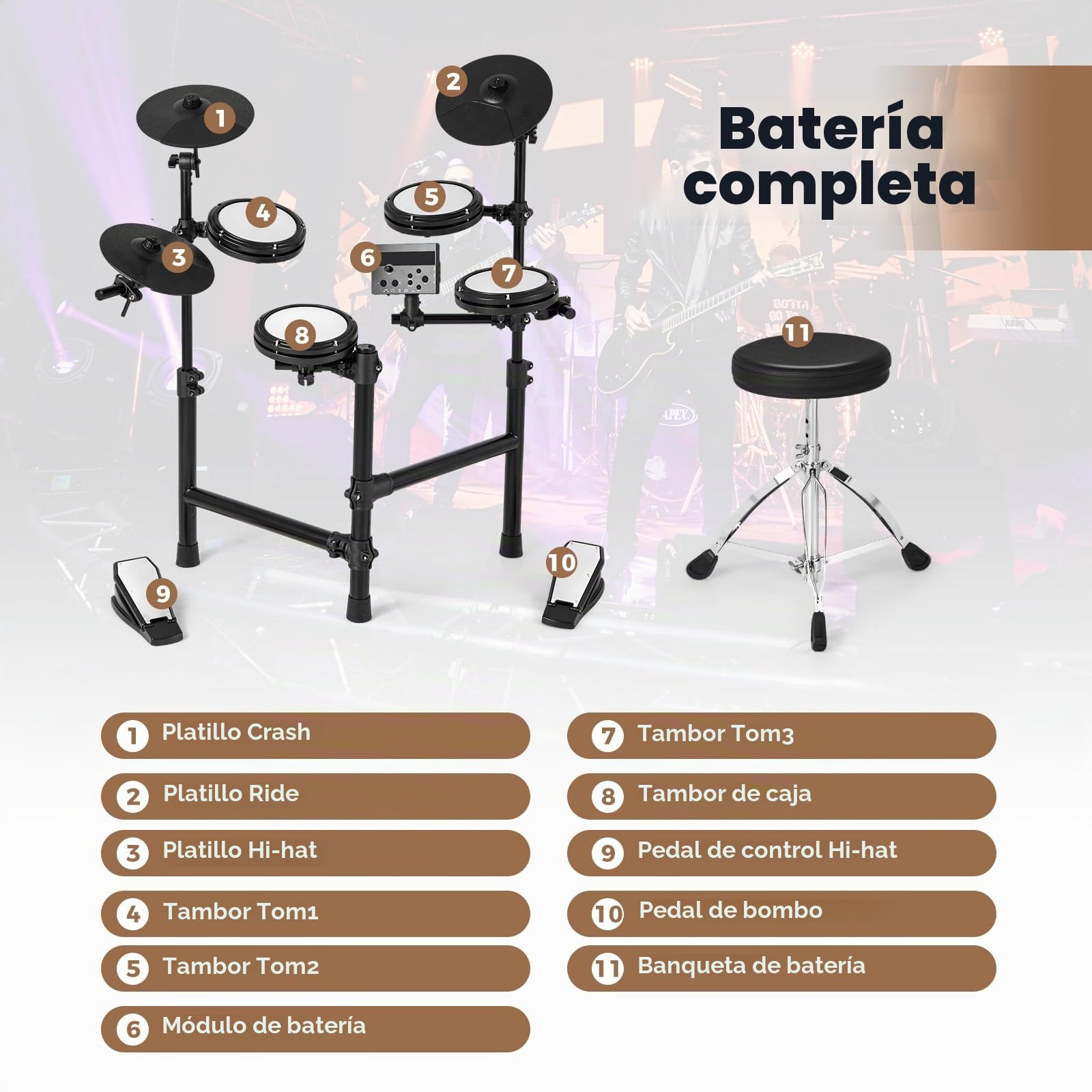 FANTASK Batería electrónica, Juegos de batería E-Drum Plegables con Pads de Malla, 150 Sonidos y 10 Demos, metrónomo y USB Midi, 2 Pedales y 2 Baquetas, Juego de batería electrónico de 7 Piezas para