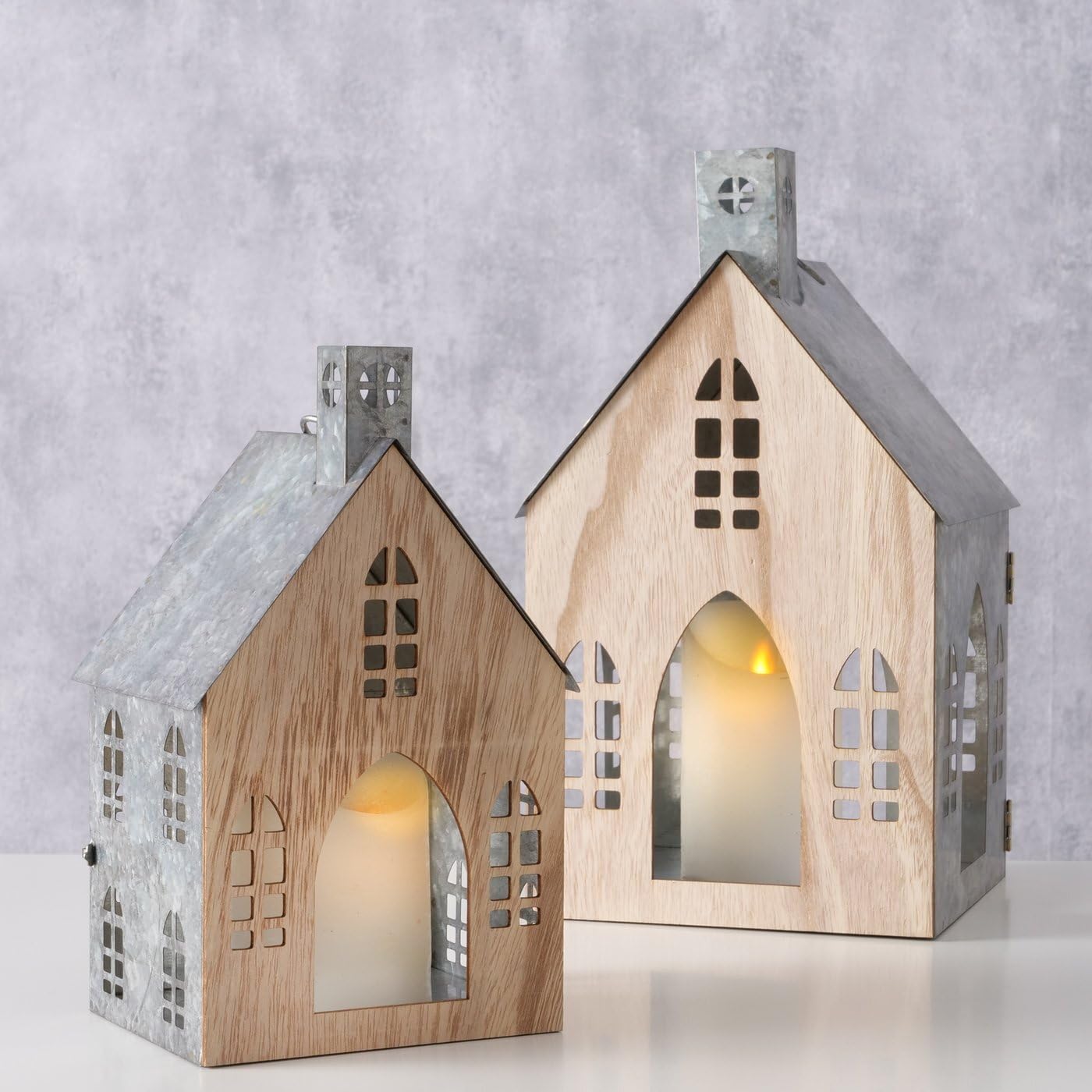 Boltze Home Laterne Lichthaus Zürich 2er-Set Silberfarben Natur Hausform Metall Holz Teelichthalter Kerzenhalter Dekoration für Innenbereich