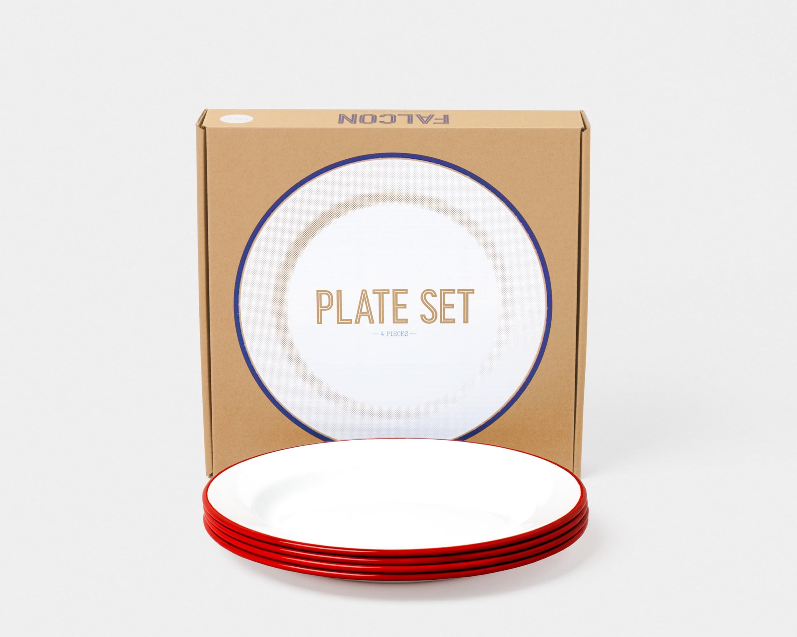 Falcon Enamelware 24cm Premium Dinner Plates Set of 4 - Elegant White with Red Rim, Durable Enamel Finish - Perfect for Dinner Parties, Camping Trips, Outdoor Dining & Everyday Home Use