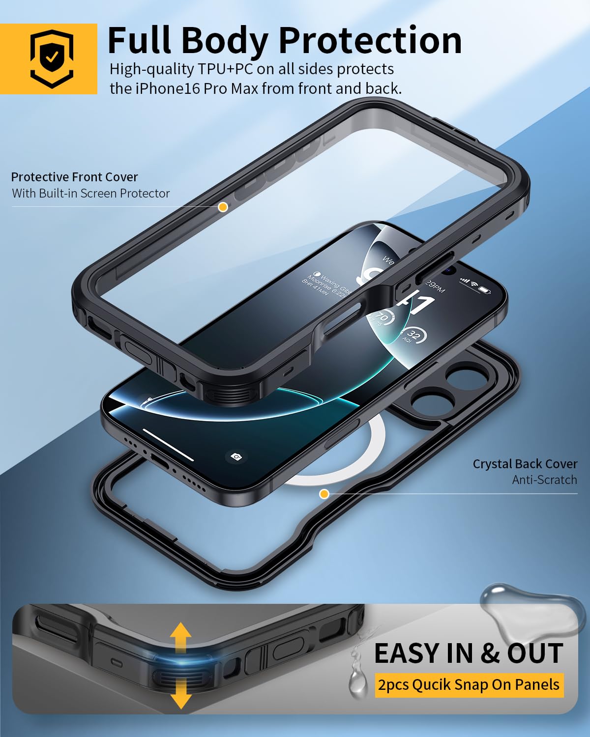 Lanhiem Etui na telefon komórkowy iPhone 16 Pro Max, wodoszczelne, IP68, z Magsafe, 360°, ekranowane magnetycznie, na zewnątrz, odporne na wstrząsy, z ochroną ekranu, czarne