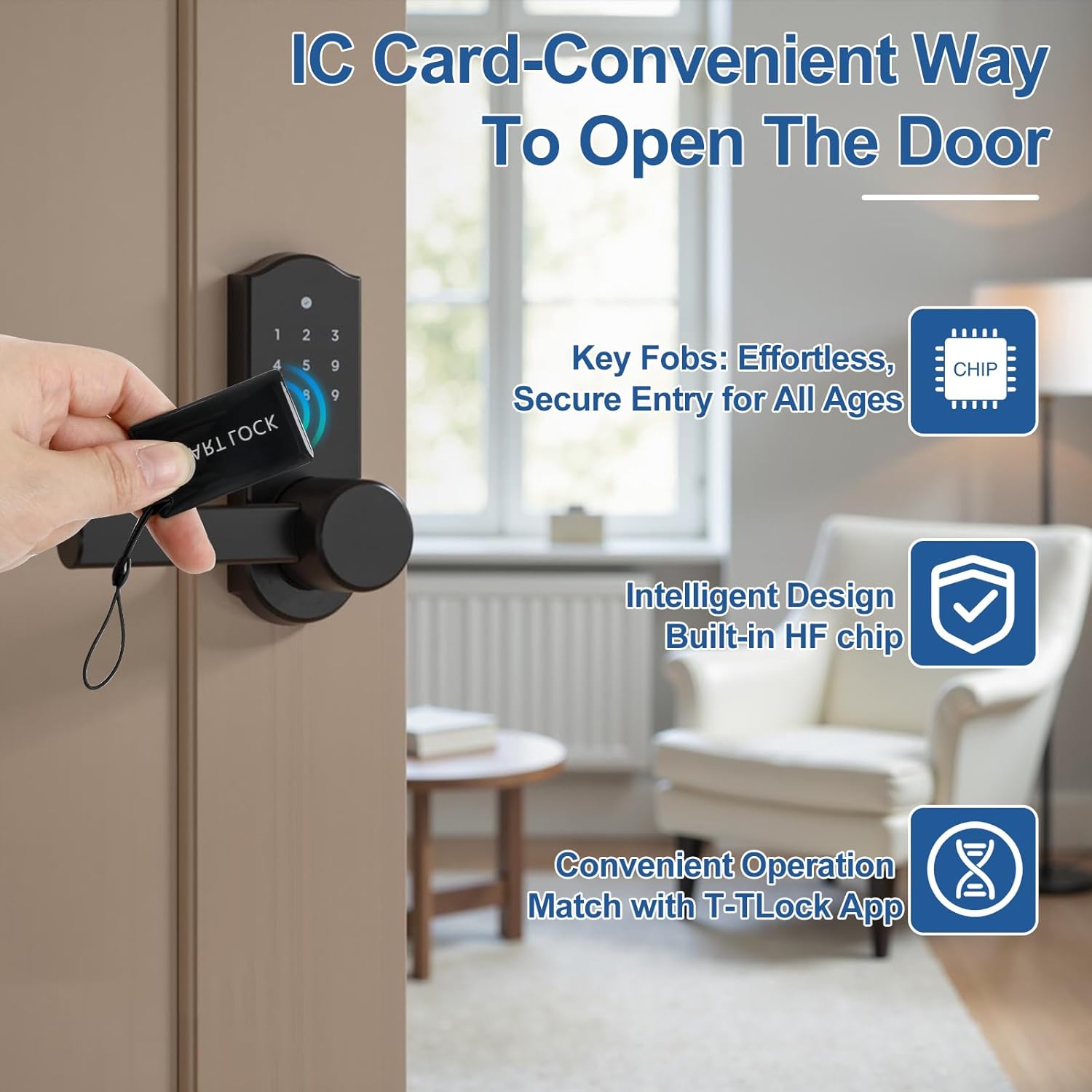 50 Pcs 13.56MHz RFID Key Fobs – Smart IC Cards for SMONET & TTLock App-Compatible Door Locks – Keyless Entry Access Tags, 5x3cm with Lanyard for Deadbolt