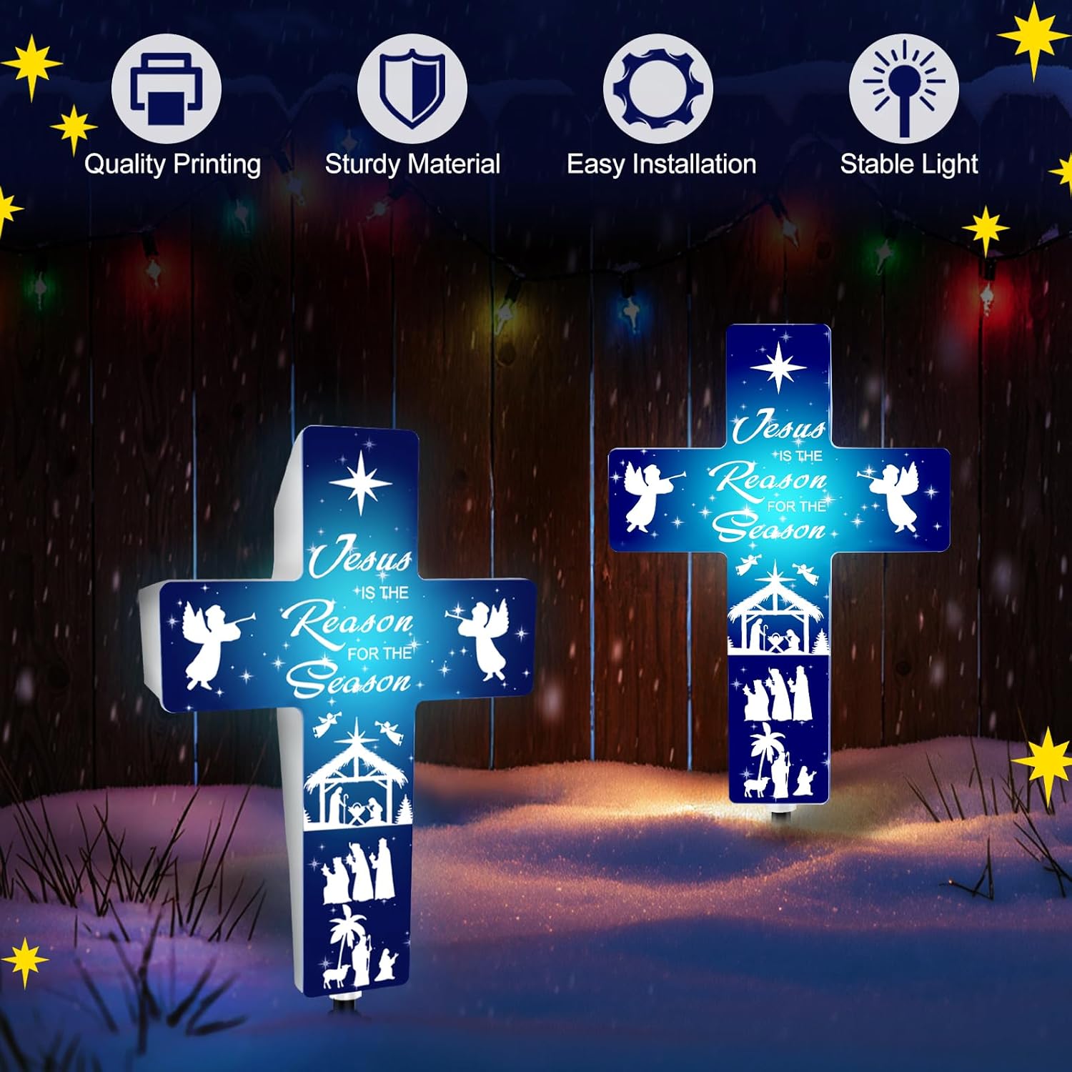 Jesus is The Reason for The Season Solar Stake, Cross Shaped Nativity Scene Outdoor Decor Holy Night Lighted Religious Yard Decoration, LED Solar-Powered Christmas Outside Yard Garden Stake
