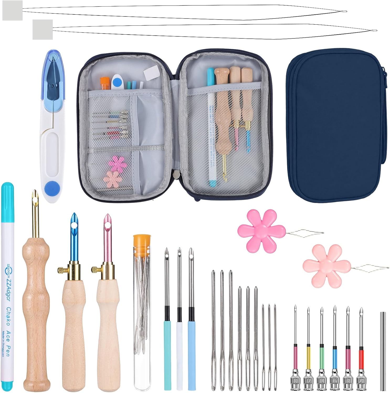 29 Pcs Punch Needle Embroidery Kit, Complete Set for Needle Punching Includes Adjustable Punch Needle Tool Wooden Handle Embroidery Pen Set Different Size Needles Ideal for Decoration and Gifts（Blue）
