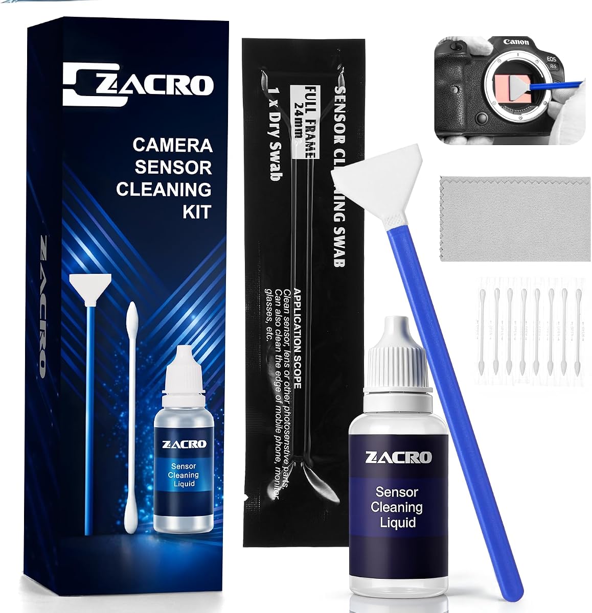 Zacro 24mm Full Frame Sensor Cleaning Swab*8 + 20ml Sensor Cleaner for DSLR SLR Digital Camera CMOS Sensor Cleaning, Compatible with Nikon Sony Canon (Add: 8*Cotton Swabs + 1*Cleaning Cloth)