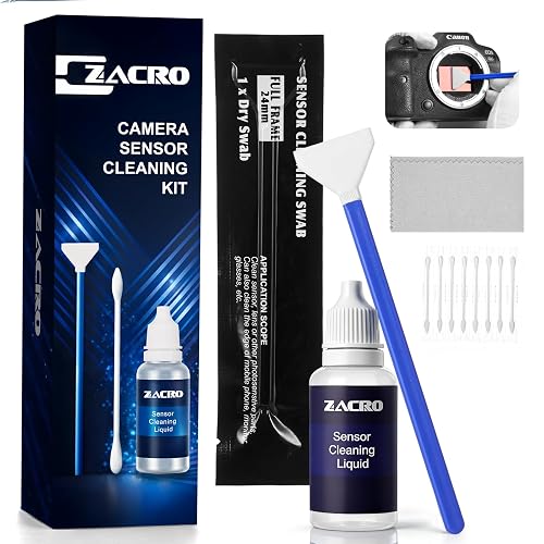 Zacro 24mm Full-Frame Sensor Cleaning Swabs 8-Pack + 20ml Sensor Cleaner for DSLR SLR Digital Camera CMOS Sensor Cleaning, Compatible with Nikon Sony Canon (Bonus: 8 Cotton Swabs + 1 Cleaning Cloth) - Blue - 5-in-1(24mm)