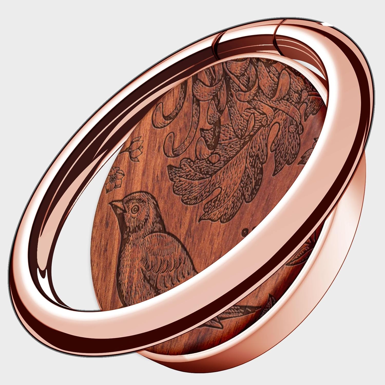 Carveit Wooden Phone Ring Holder Finger Stand Metal Grip Hook Phone Kickstand Compatible with Galaxy S24 Ultra S23 iPhone 16 Pro Max 13 14 15 Pixel 9-Redwood/Rose Gold/Flowers and Birds [1 Pack]