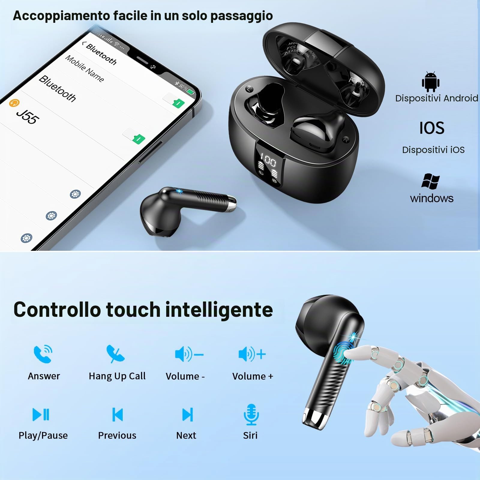 Wasart Cuffie Bluetooth, Auricolari Bluetooth 5.3 con 4 Mic, Cuffie in Ear Wireless con HiFi Stereo USB C, 48 Ore di Riproduzione, Display LED, IPX7 Impermeabile, Cuffie Senza Fili per Android iOS
