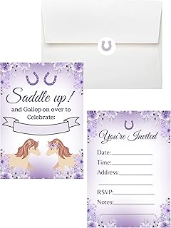 LM STUDIOZ Pony party invitations come with envelopes and stickers (10) pack, 30 pcs total, Horse theme party invitation, kids birthday party invitations, Pony party decorations, Saddle up Birthday, Girl party invites, Baby shower Invitations, Party Invitations teen girl (4-1/4" x 5-1/2", Birthday, Pony theme)