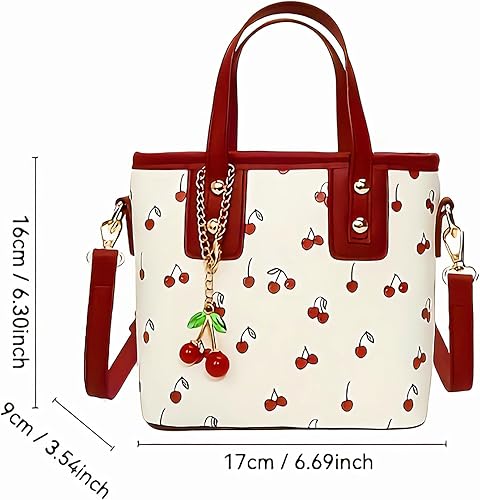 Miniatura 4 de Bolso tote de piel de cerezo Lindo bolso de hombro Y2K para mujer, bolso de diseñador rojo con asa superior, bolso de mano con estampado de frutas