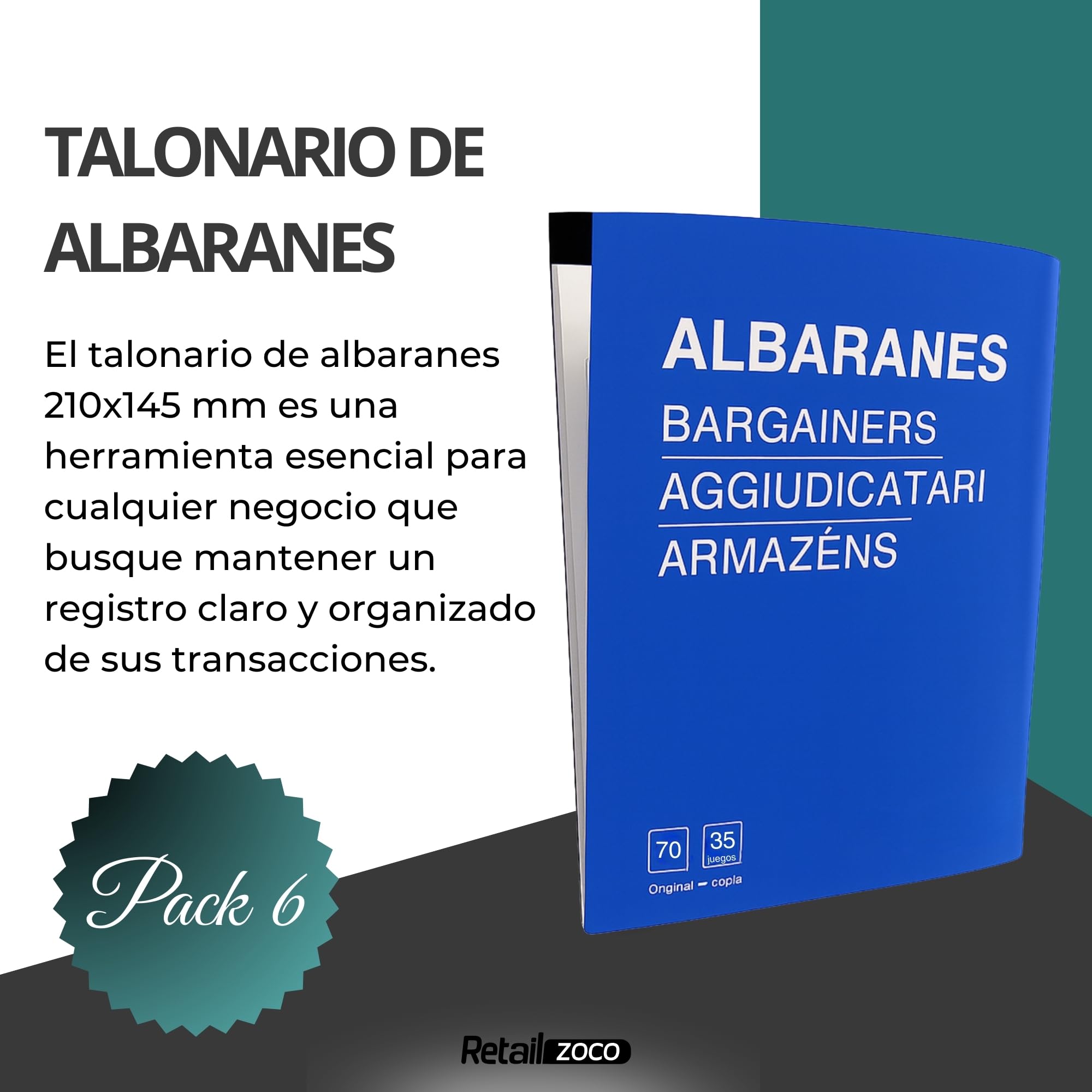 Talonarios albaranes, Libreta de albaran, Talonario para autonomos, 70 hojas, 35 juegos original + copia, autocopiativo, Matriz de corte, Tamaño 210x145 mm, Pack de 6 talonarios - imagen 2