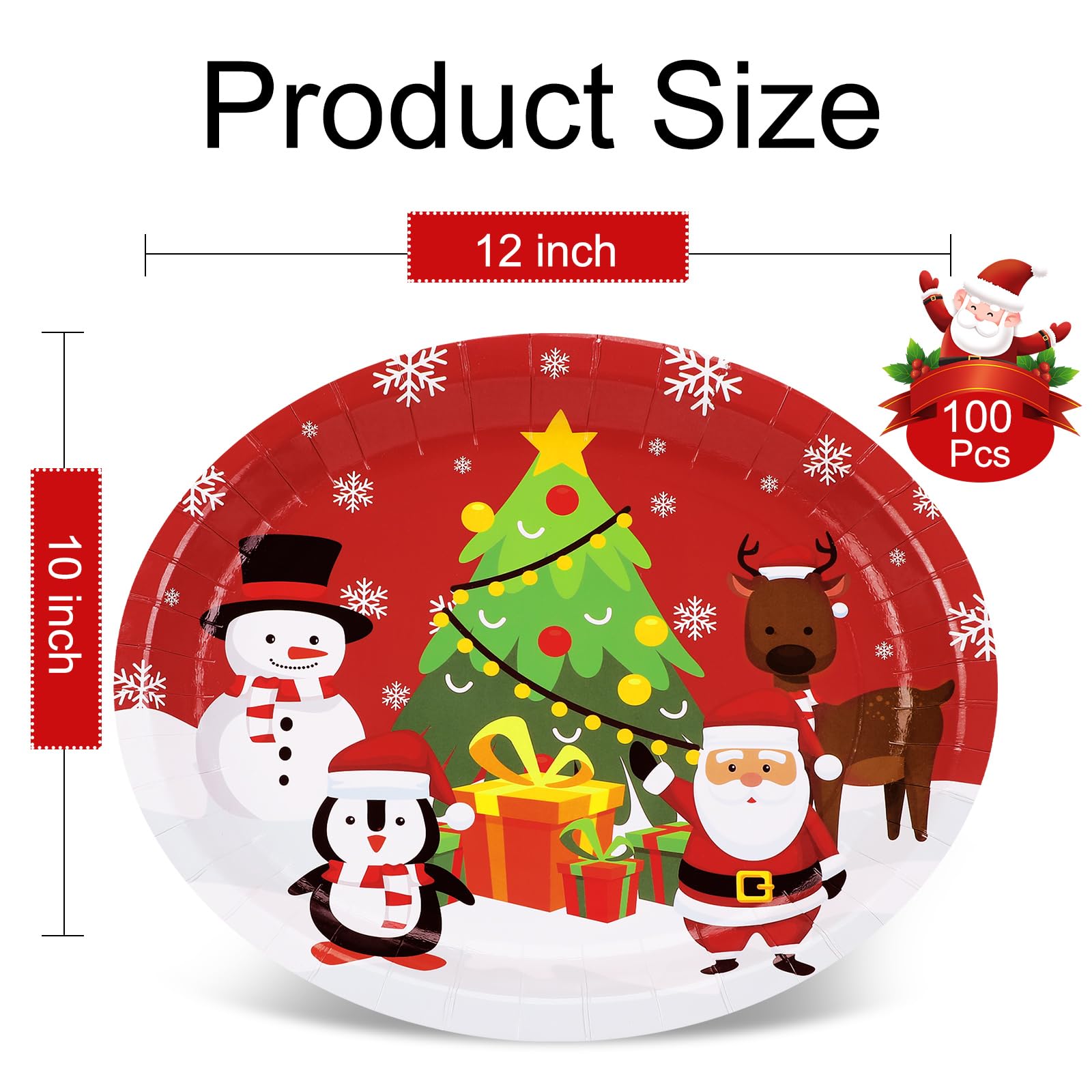 Wiooffen Ovale Weihnachtspappteller – 100 Stück, 30,5 Cm, Mit Weihnachtsmann & Schneemann Motiven