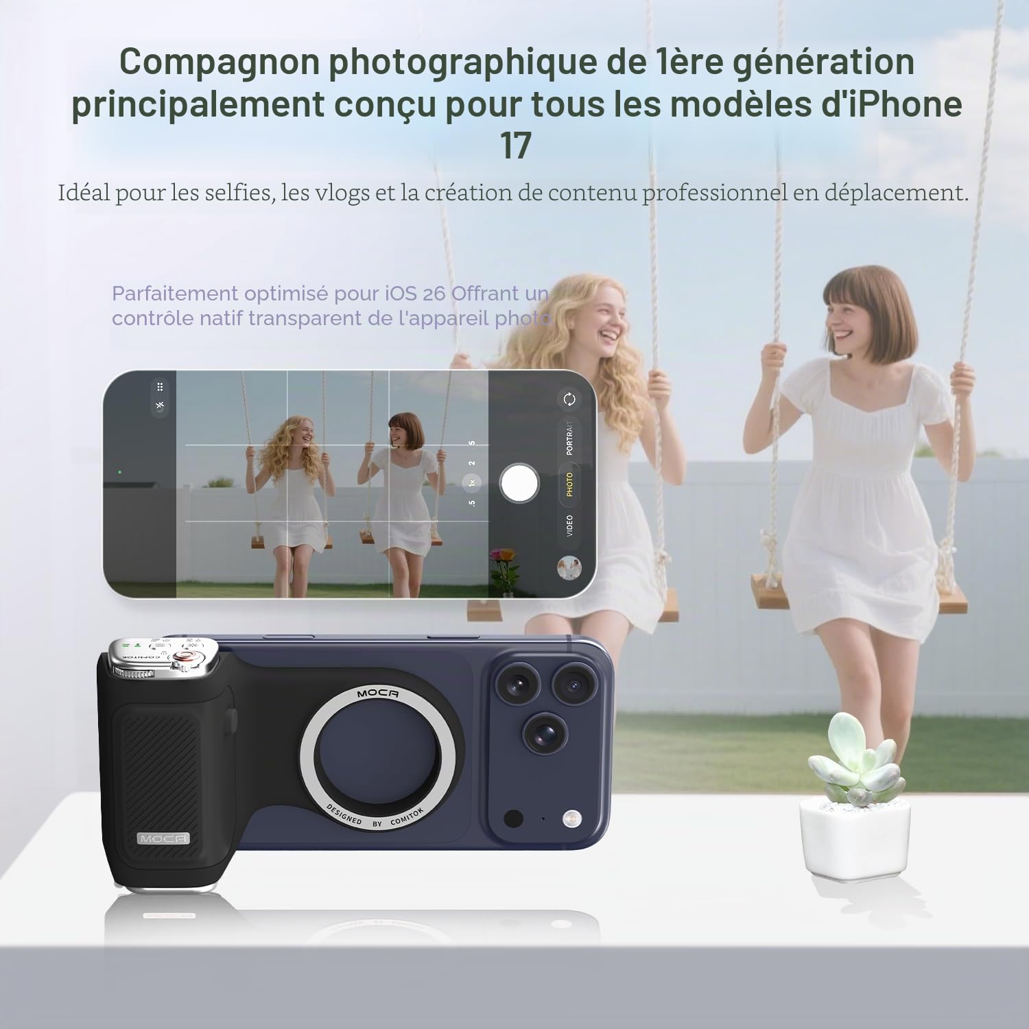 COMITOK MOCA - Poignée magnétique pour iPhone 17 - Compatible iOS 26 - avec télécommande Multifonction Amovible - Design Ergonomique - en Silicone PureTouch - pour Support de vlogging