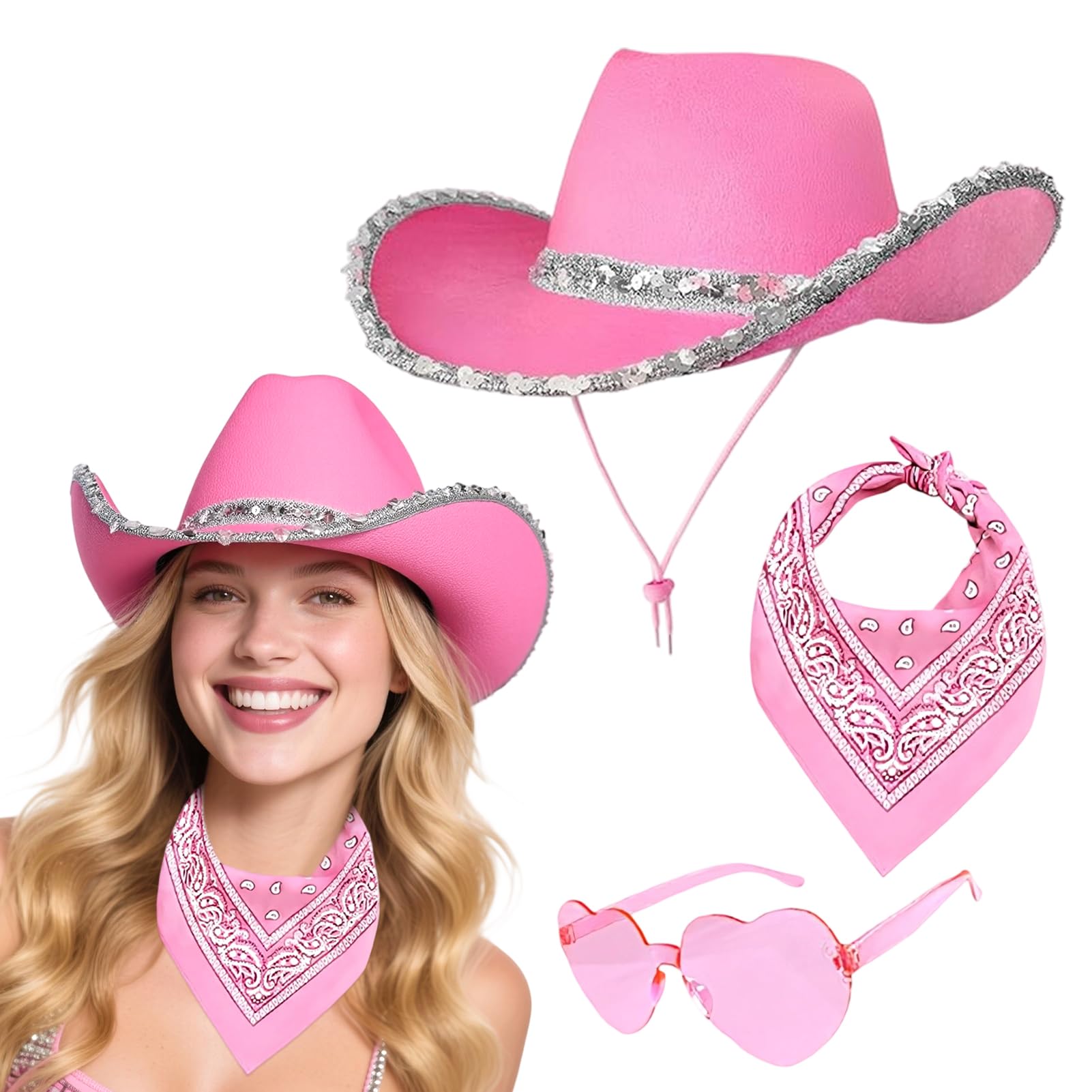 Meriviva Cowboy Hat Women, 3Pcs Western Cowgirl Hat Set including Bandanna Glasses